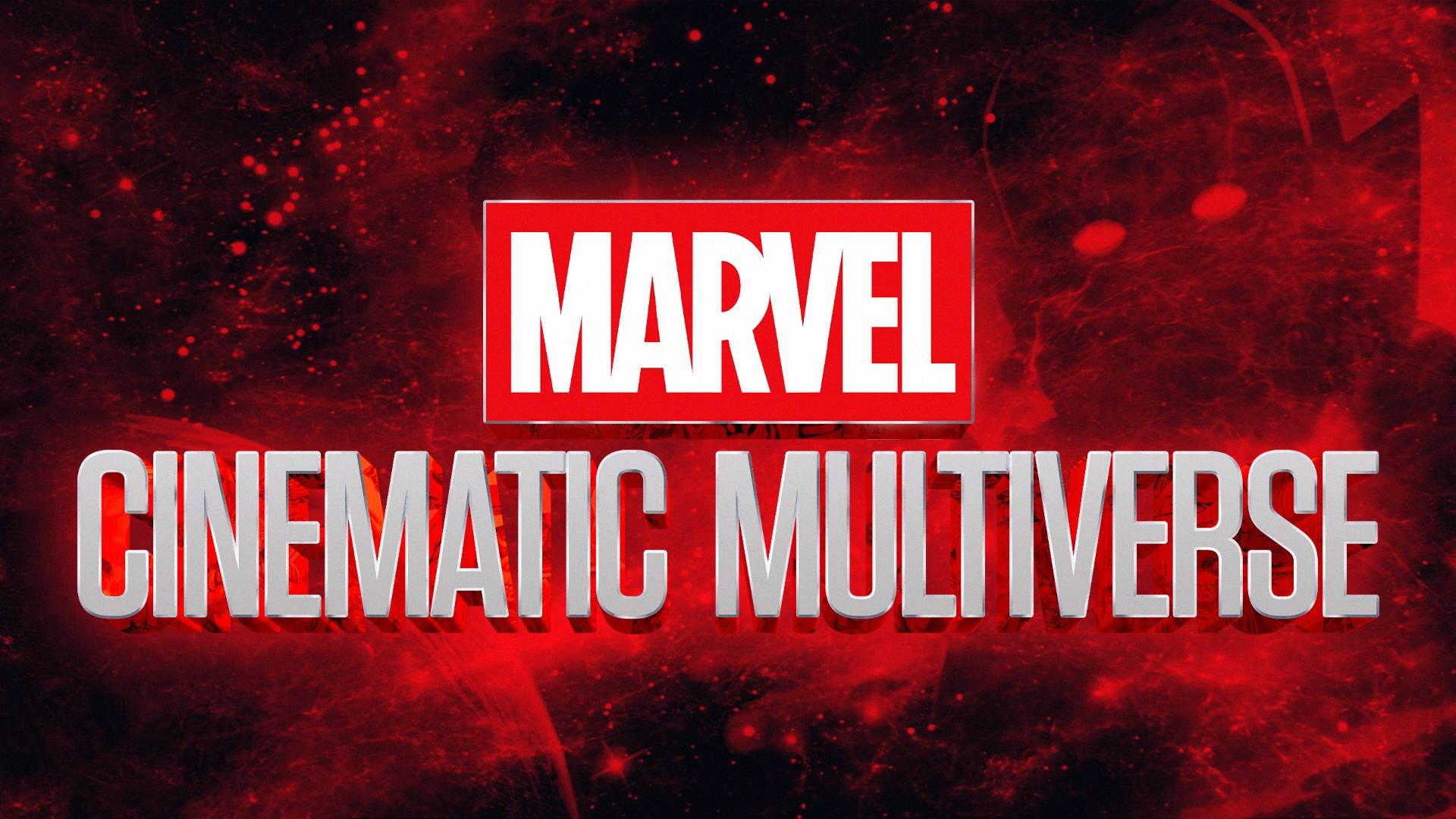 多重宇宙 桌布 壁紙 — 粗體白色文字寫著Marvel Cinematic Multiverse，背景是動態的紅色宇宙背景，帶有漂浮粒子。