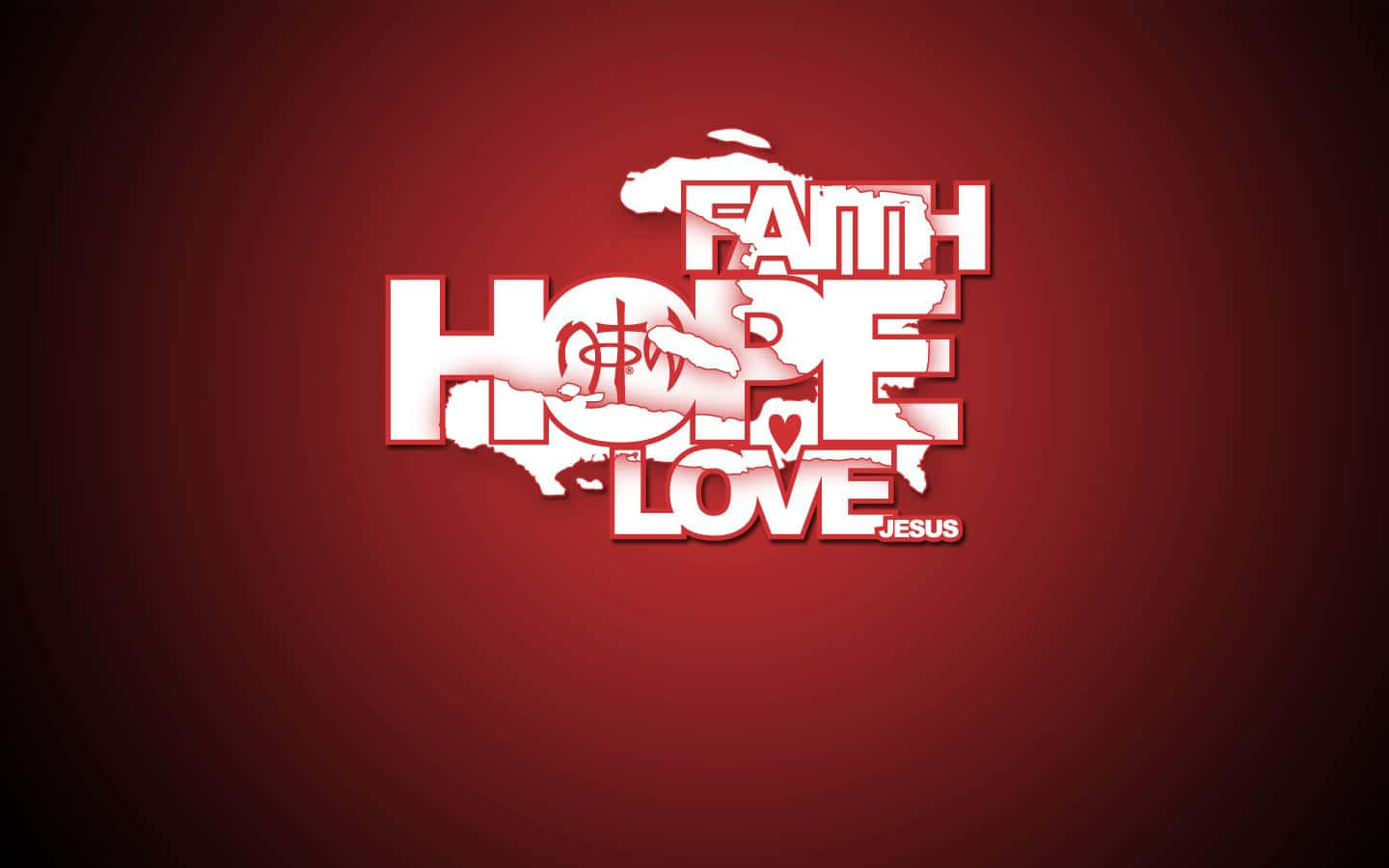 Faith 桌布 壁紙 — 粗體白色文字拼寫 faith hope love，耶穌融入紅色漸變背景中。