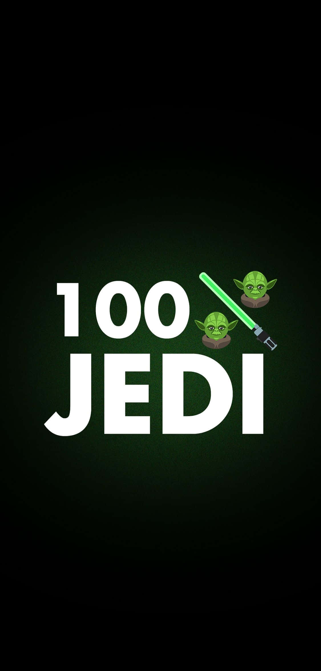 Yoda 桌布 壁紙 — 粗體白色文字顯示 100 JEDI，背景為深綠色漸層，配有兩個尤達表情符號和一把綠色光劍。