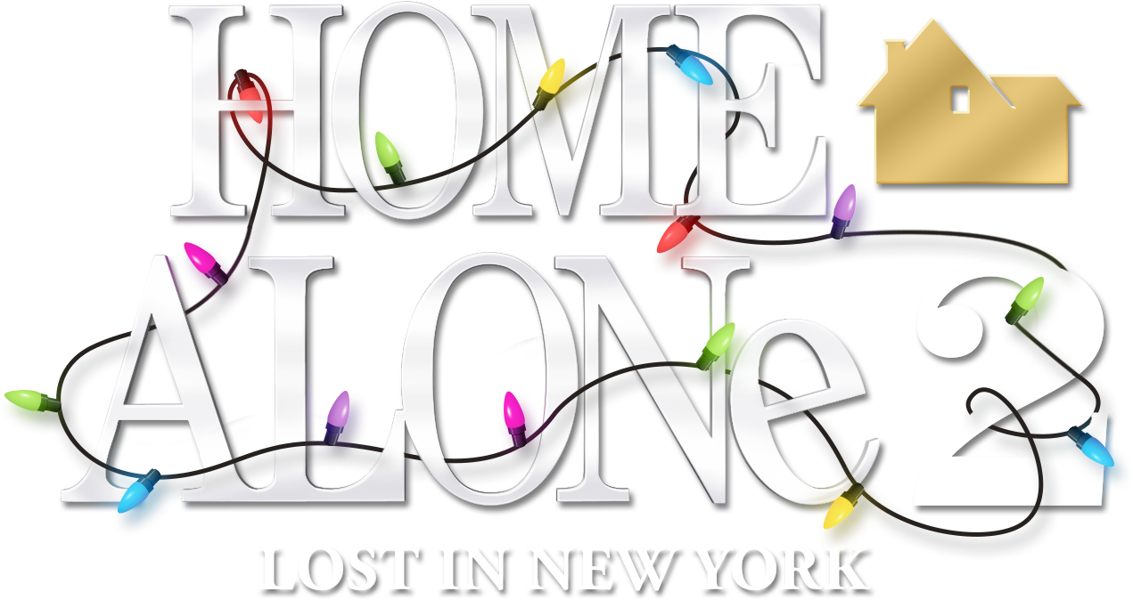 獨自一人 桌布 壁紙 — 粗體白色文字顯示「HOME ALONE 2 LOST IN NEW YORK」，包裹在彩色燈串中，並帶有金色房屋圖標。