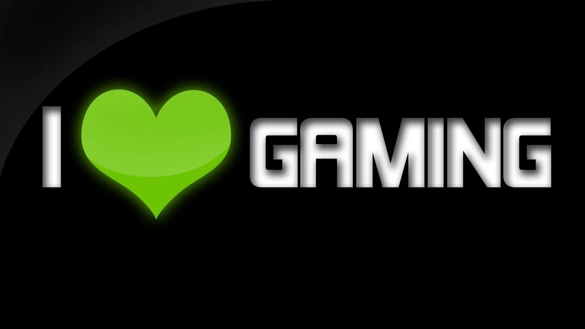 YouTube Gaming 桌布 壁紙 — 粗體白色文字顯示「I」，接著是一個發光的綠色心形，然後是「GAMING」，背景為黑色。