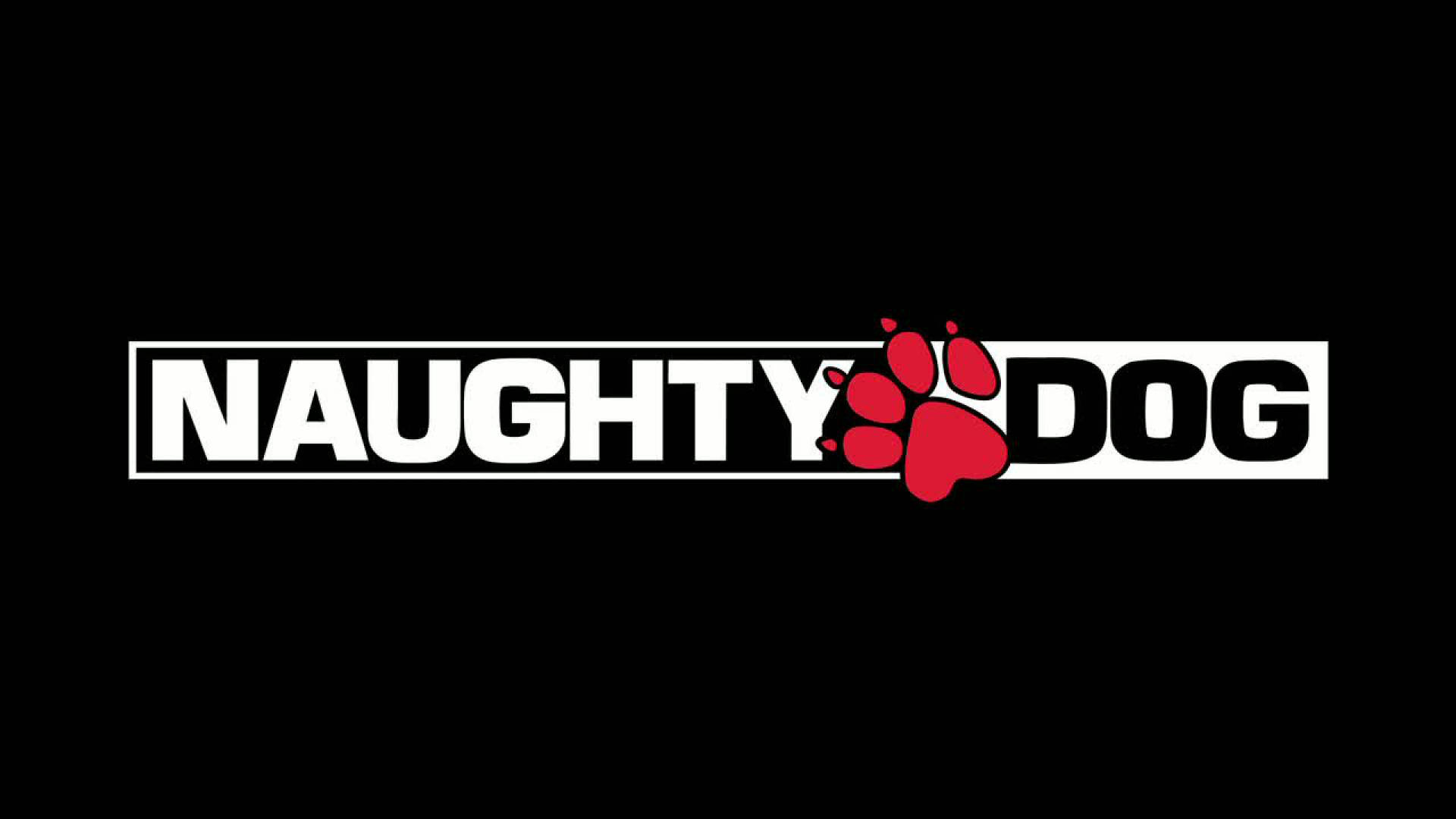 PlayStation 桌布 壁紙 — 粗體白色文字顯示「NAUGHTY DOG」，紅色爪印取代字母Y，背景為黑色。