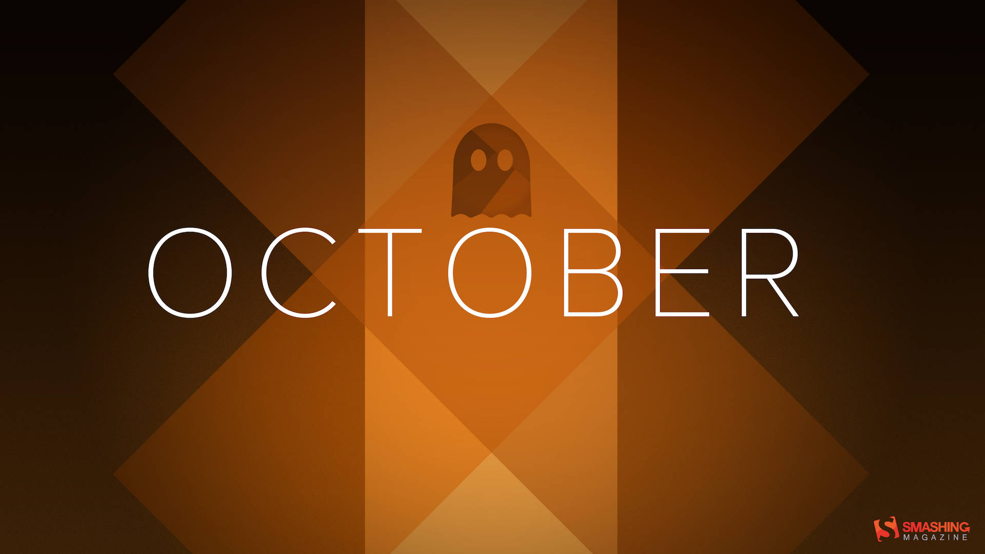 October 桌布 壁紙 — 粗體白色文字顯示OCTOBER，背景為幾何橙色漸變，一個小鬼魂圖示位於字母O上方中央。