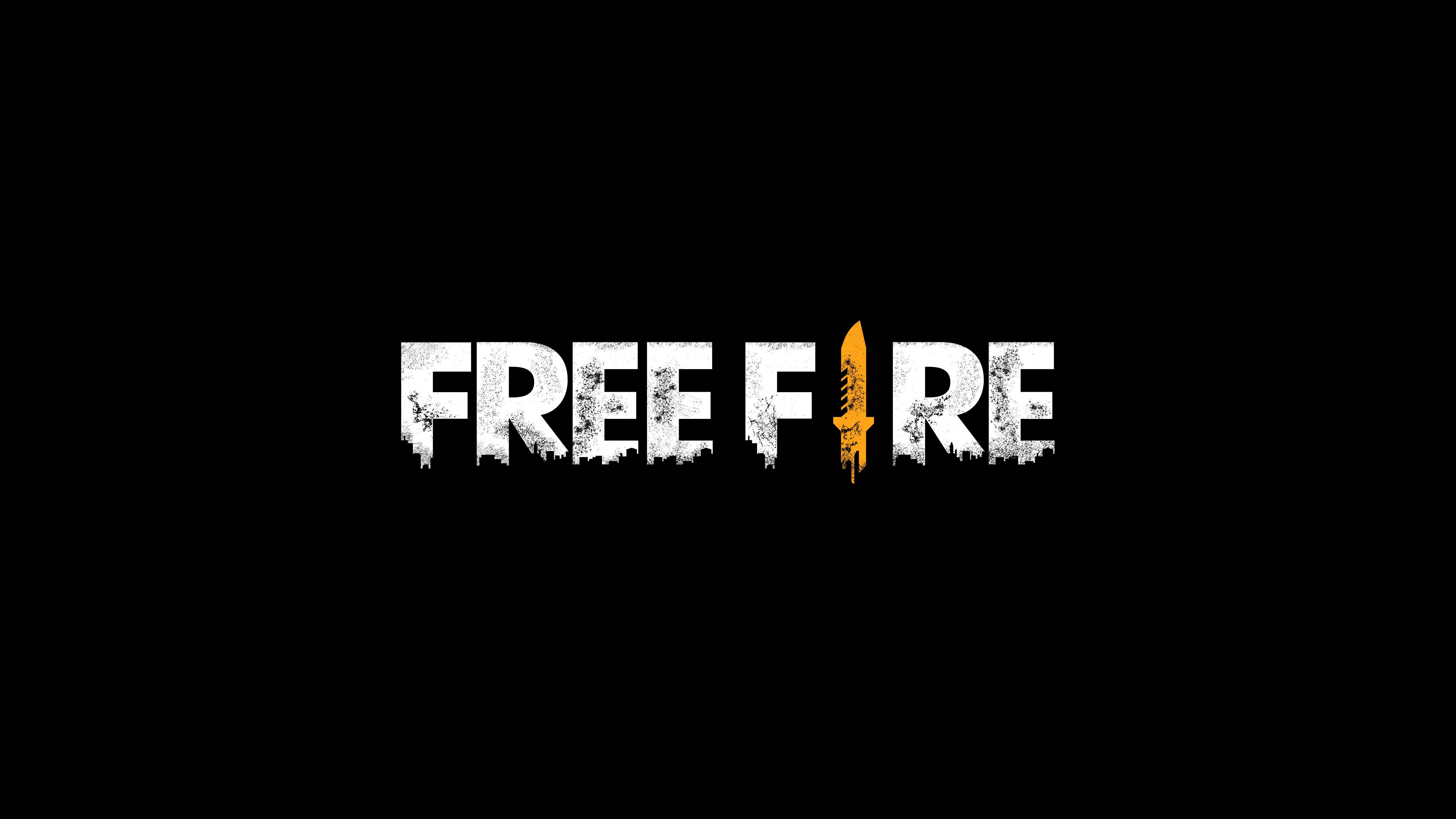 Free Fire 標誌 桌布 壁紙 — 粗體白色破損文字顯示「FREE FIRE」，以發光的橙色刀取代字母 I，背景為黑色。