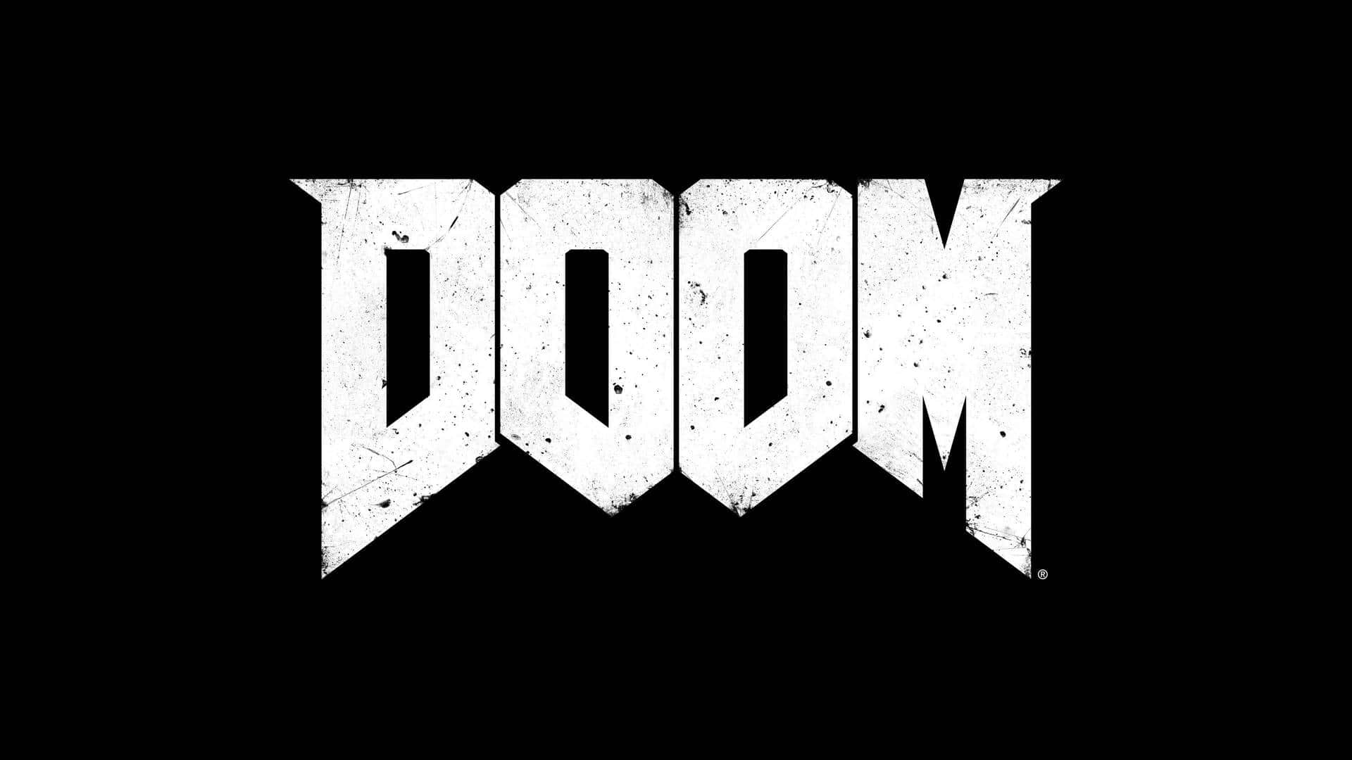 電玩遊戲 桌布 壁紙 — 粗體白色破舊字體的「DOOM」字樣在純黑色背景上格外突出。