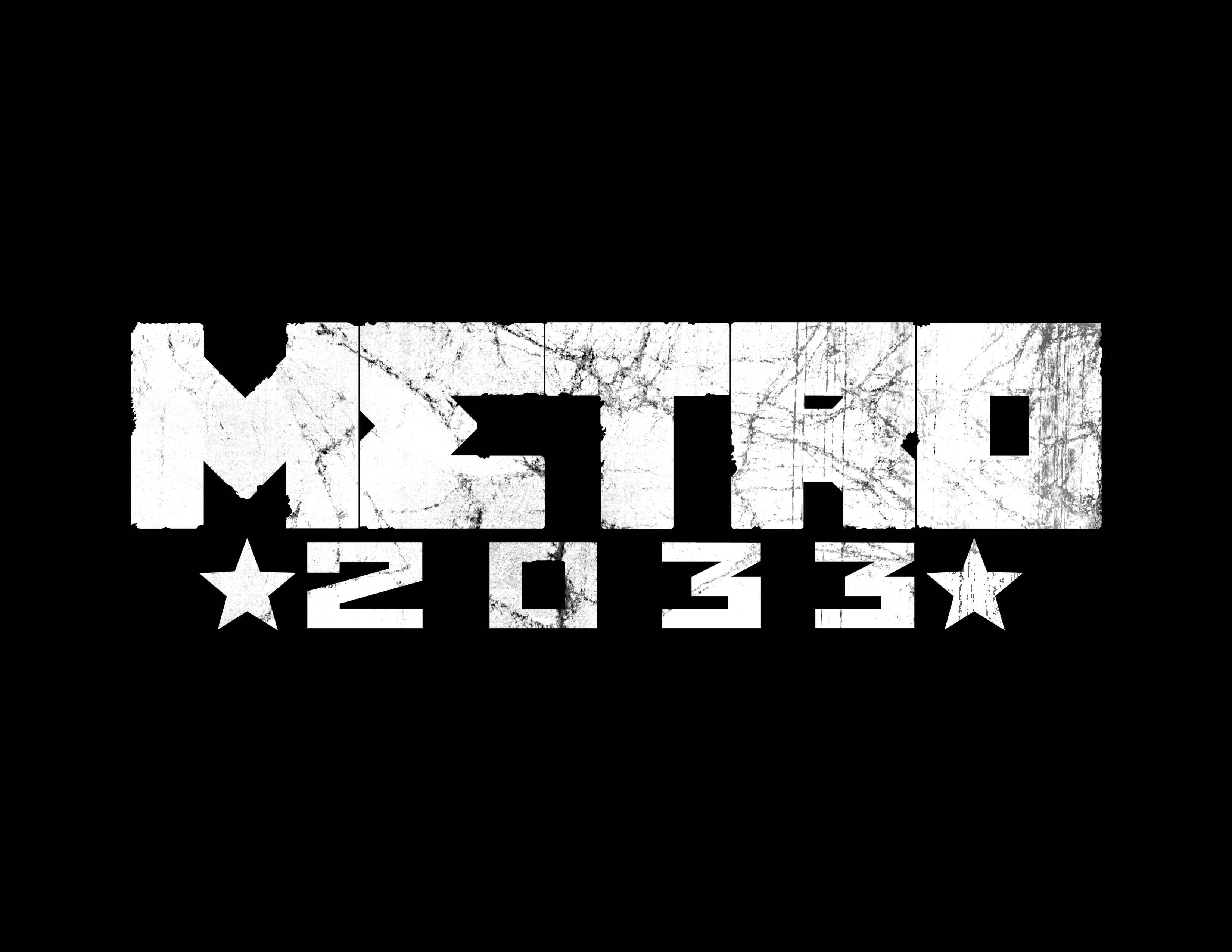 4K Metro 2033 桌布 壁紙 — 粗體白色磨損文字在純黑色背景上寫著 METRO 2033，並帶有星星點綴。