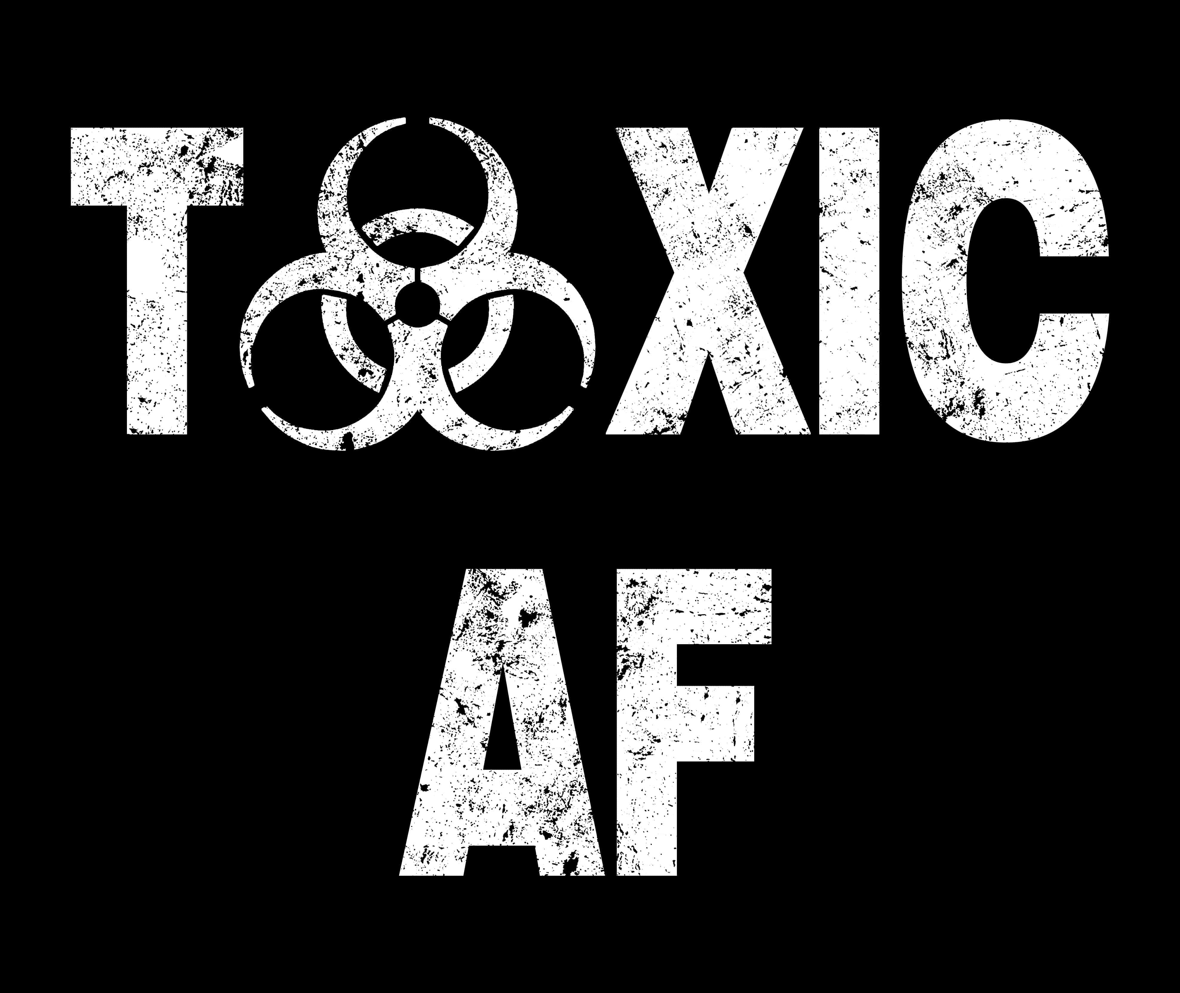 toxic 桌布 壁紙 — 粗體白色磨損文字寫著 toxic af，並以生物危害標誌取代字母 O，襯以鮮明的黑色背景。