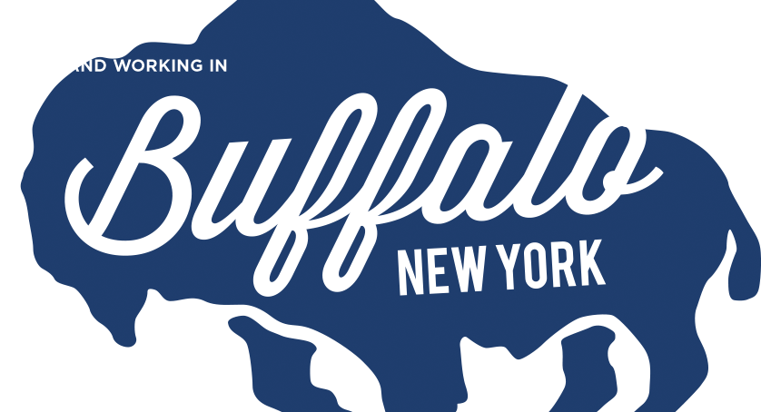 水牛 桌布 壁紙 — 粗體白色草書字體在純海軍藍背景上寫著「Buffalo New York」，並帶有極簡圖形點綴。
