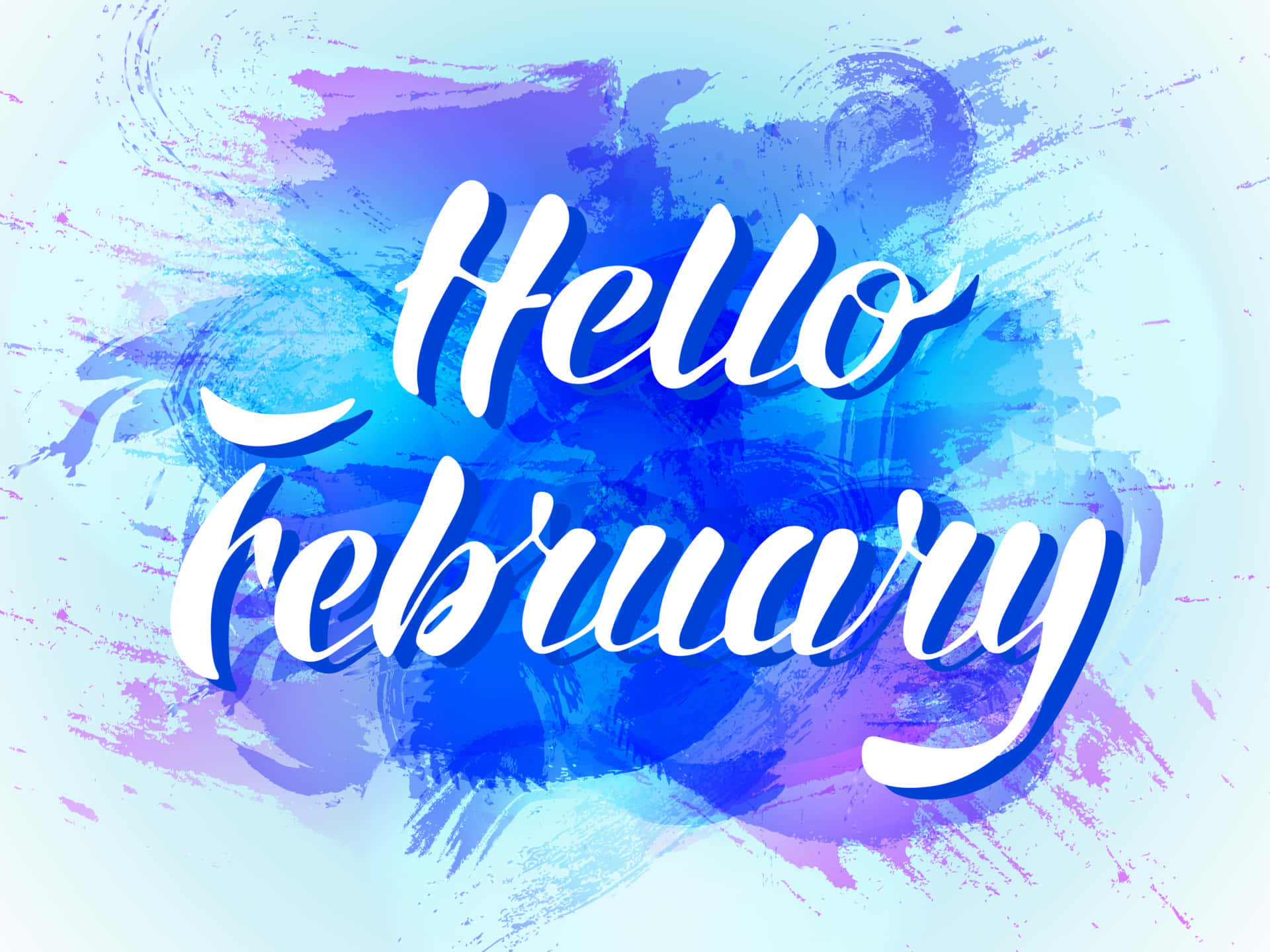 桌布 壁紙 — 粗體白色草書文字「Hello February」在充滿活力的藍色和紫色水彩潑濺背景上脫穎而出。
