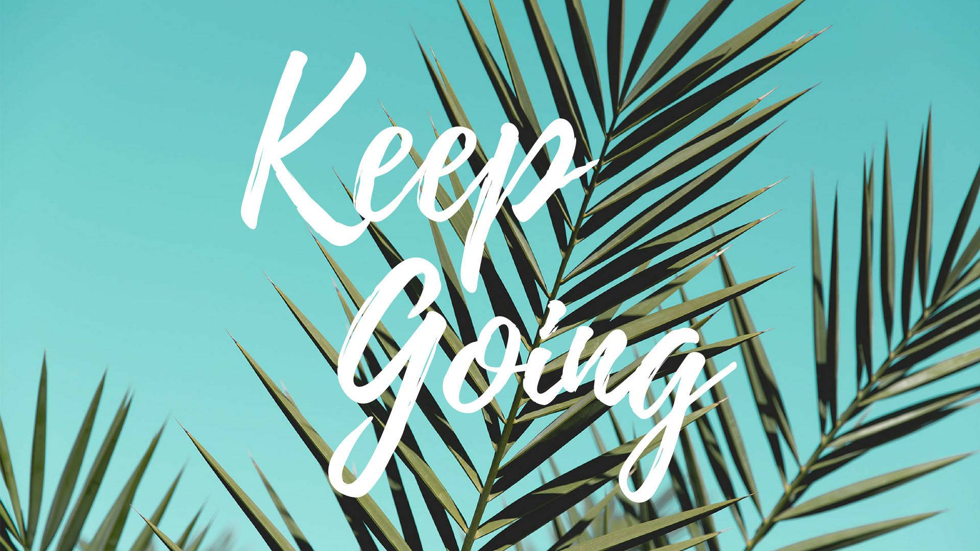 MacBook 動態圖片 桌布 壁紙 — 粗體白色草書文字「Keep Going」覆蓋在充滿活力的綠色棕櫚葉上，背景是清澈的藍綠色天空。