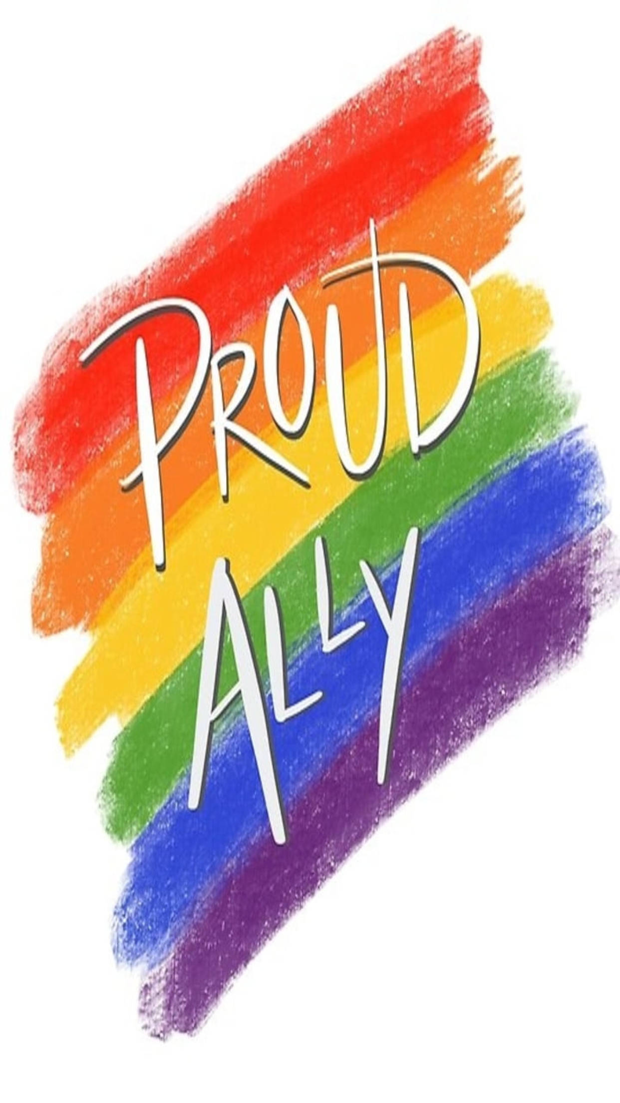 Lgbtq 桌布 壁紙 — 粗體白色草書文字 'PROUD ALLY' 覆蓋在乾淨白色背景上充滿活力的對角彩虹筆觸。