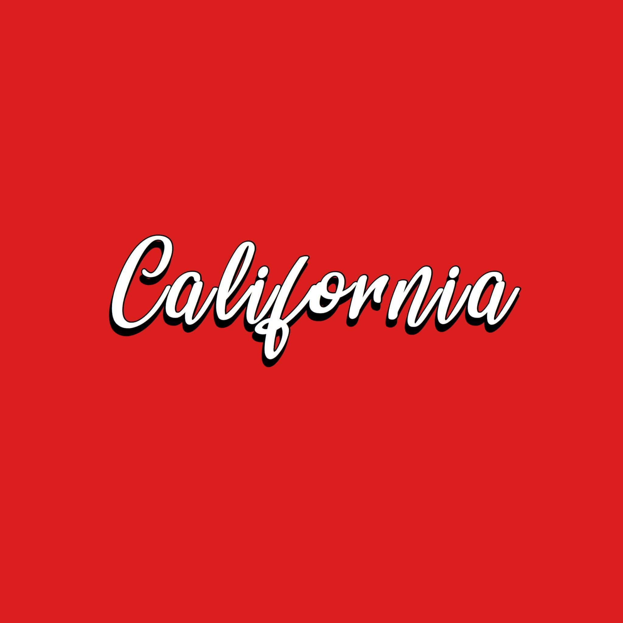 80s Aesthetic 桌布 壁紙 — 粗體白色草書文字拼寫 California 居中於純紅色背景上。