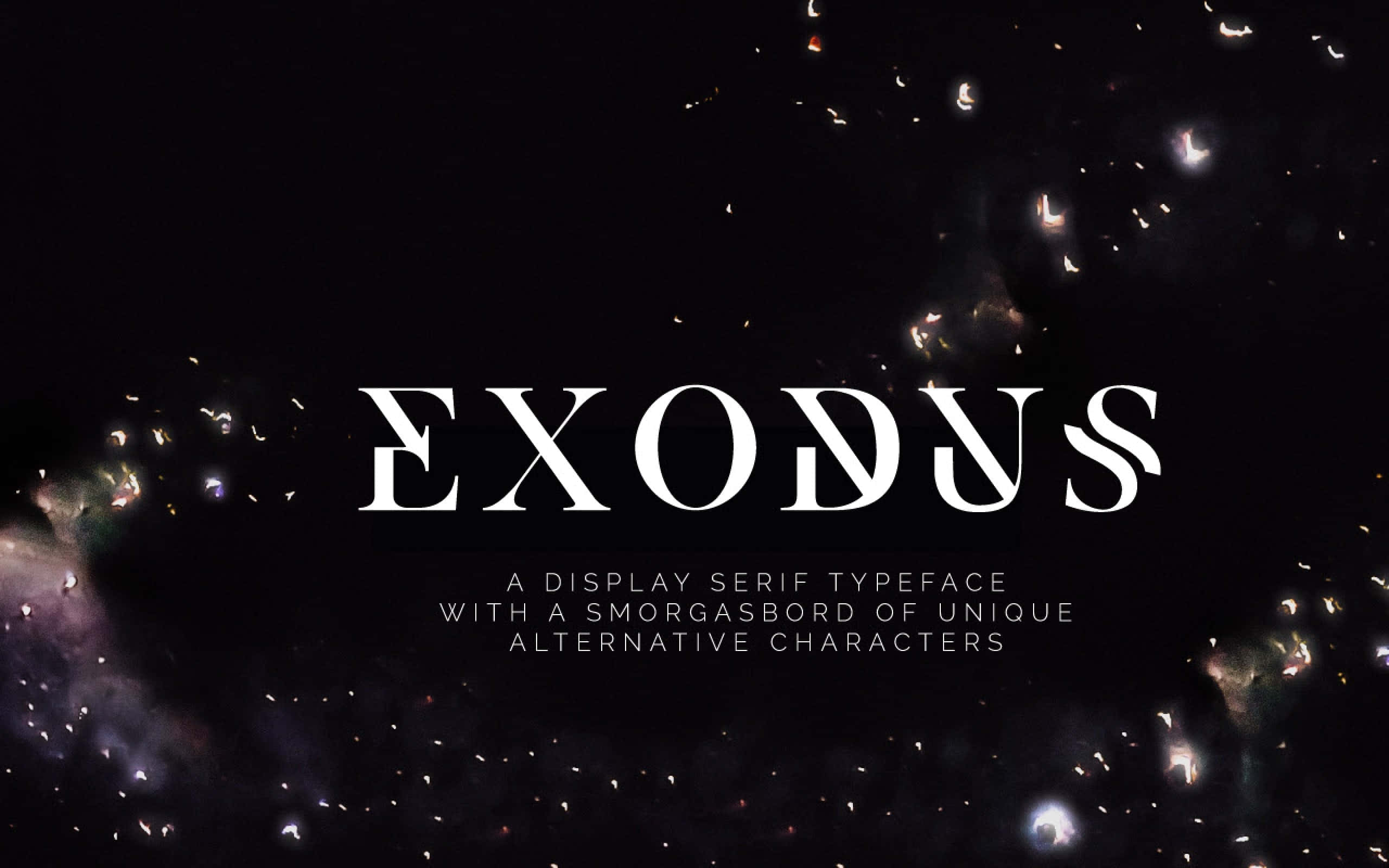 太空美學動圖 桌布 壁紙 — 粗體白色襯線文字 Exodus 在宇宙星雲背景上發光，並帶有散落的發光粒子。