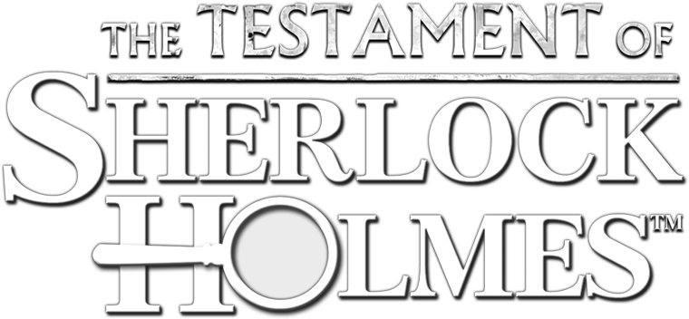 標誌 桌布 壁紙 — 粗體白色襯線文字寫著「THE TESTAMENT OF SHERLOCK HOLMES」，並以放大鏡取代「HOLMES」中的「O」，背景為黑色。
