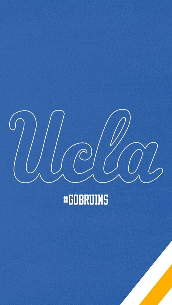 手機 桌布 壁紙 — 粗體白色輪廓UCLA字體和標籤GOBRUINS，位於帶有對角白色和金色條紋的紋理藍色背景上。