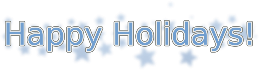 節日 桌布 壁紙 — 粗體白色輪廓文字寫著「Happy Holidays!」，周圍散落著藍色星星形狀，背景為黑色。
