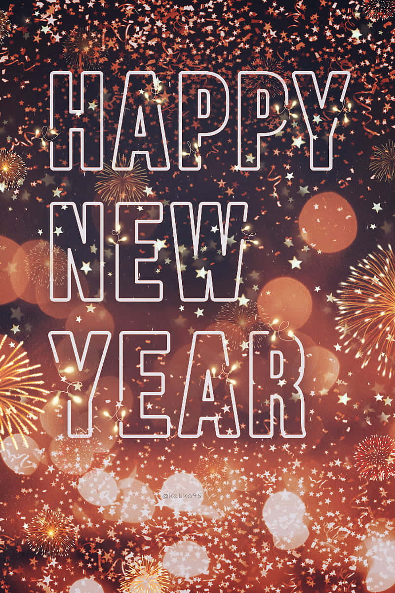 節日 桌布 壁紙 — 粗體白色輪廓文字寫著「HAPPY NEW YEAR」，背景是充滿活力的金色煙火和閃爍星星。
