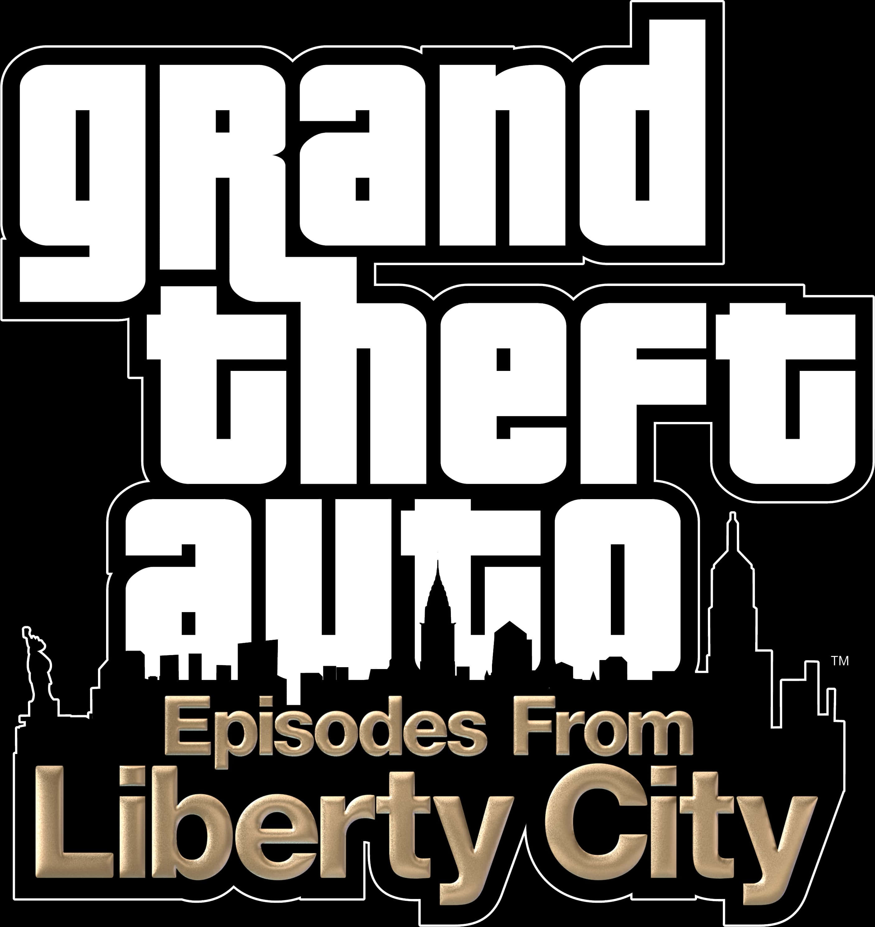 Gta 桌布 壁紙 — 粗體白色風格文字寫著「Grand Theft Auto Episodes From Liberty City」，背景為黑色，搭配金色金屬字體和城市天際線剪影。