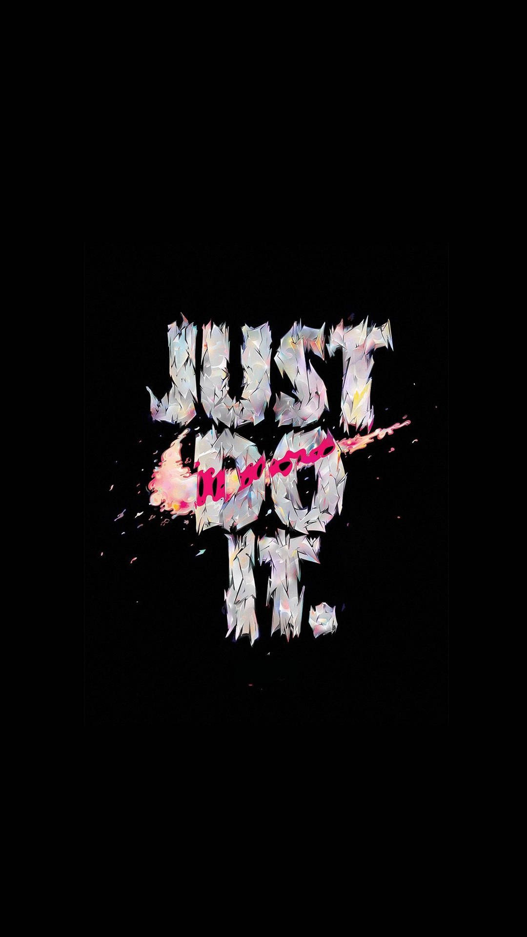 Nike iPhone 桌布 壁紙 — 粗體碎片化文字顯示「JUST DO IT」，黑色背景上帶有粉紅色斜線。