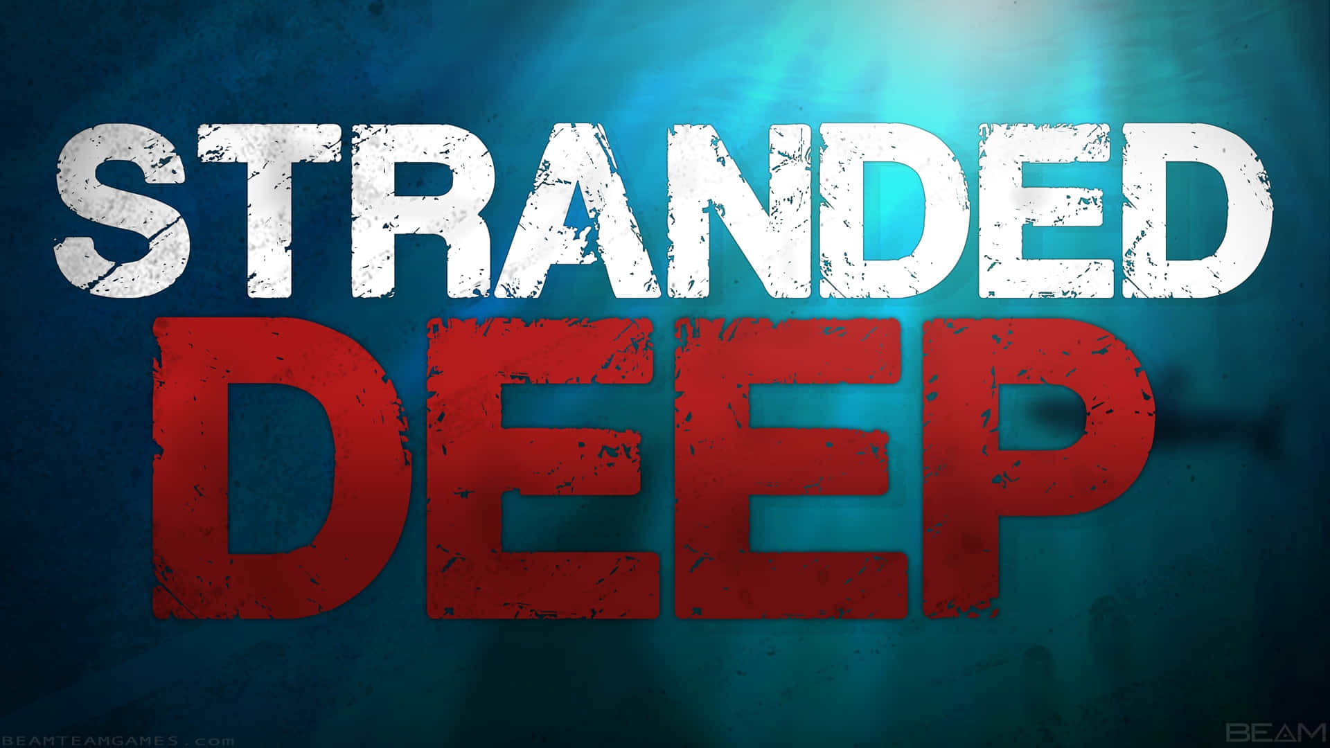 海洋 桌布 壁紙 — 粗體磨損文字寫著「STRANDED DEEP」，背景是渾濁的藍色水下場景，光線穿透其中。