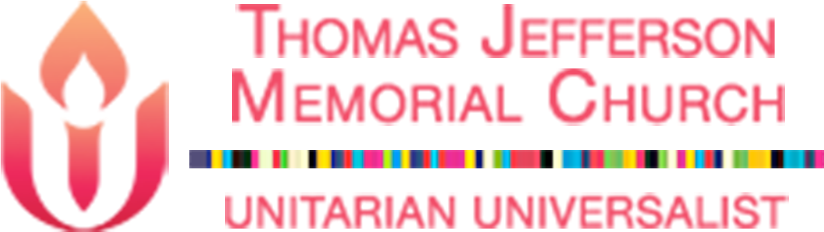 Associates 桌布 壁紙 — 粗體粉紅色文字寫著 Thomas Jefferson Memorial Church Unitarian Universalist，旁邊有一個風格化的火焰標誌和彩虹條紋。