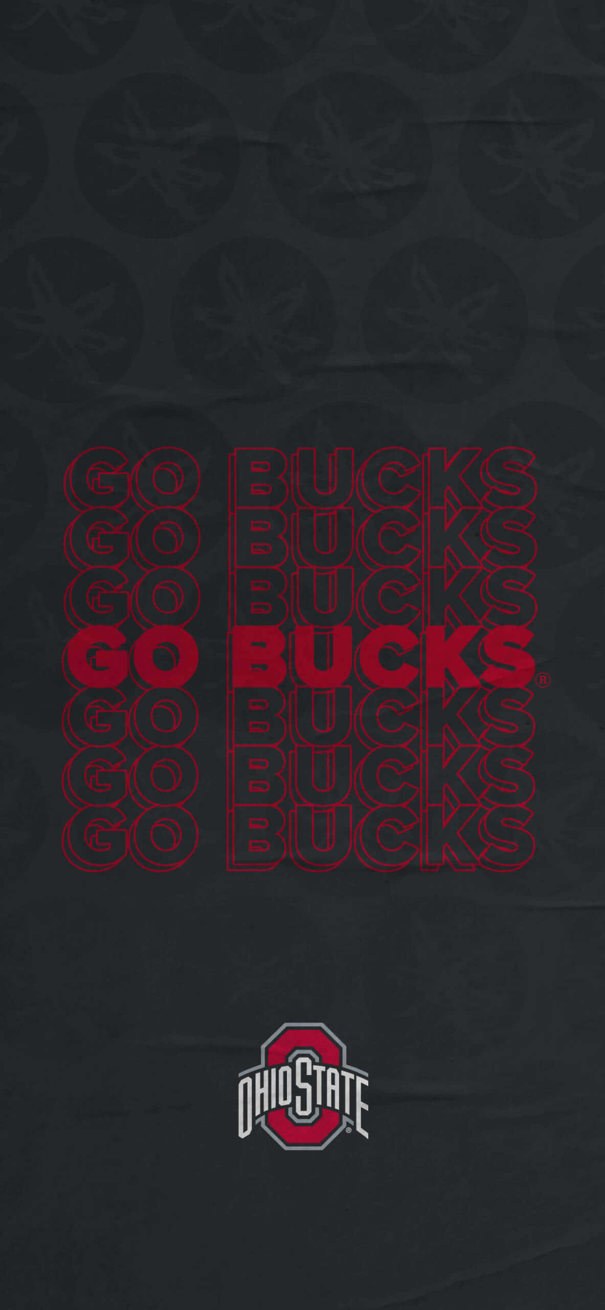 桌布 壁紙 — 粗體紅色 'GO BUCKS' 文字在深色紋理背景上垂直重複，帶有模糊的公鹿標誌和底部的俄亥俄州立大學標誌。