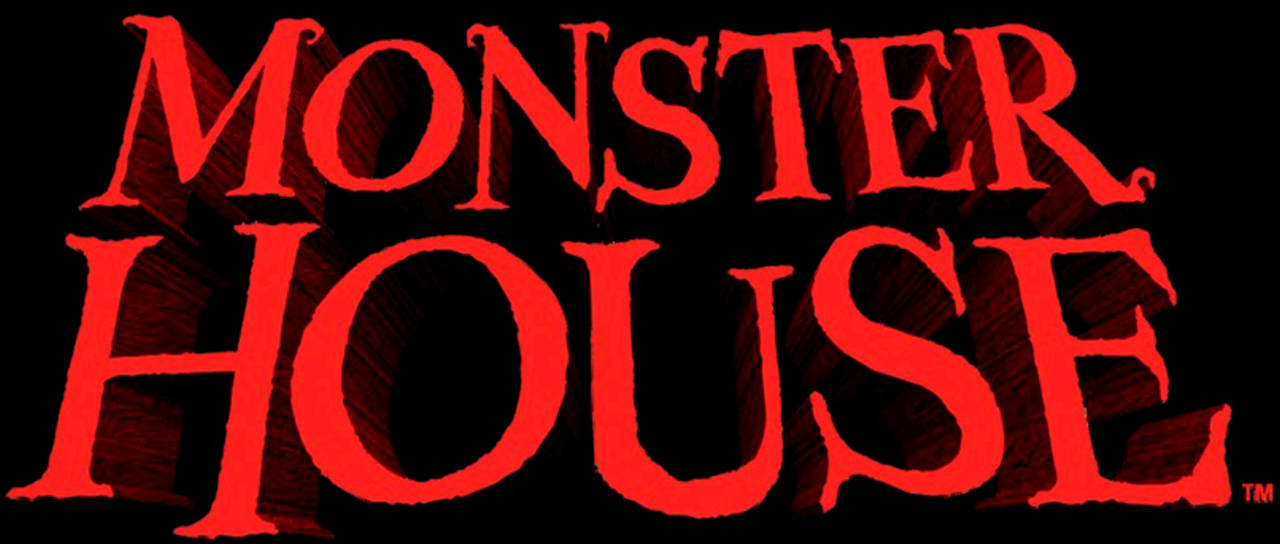 Monster House 桌布 壁紙 — 粗體紅色「Monster House」標題，採用鋸齒狀字體，黑色背景，帶有紋理陰影。