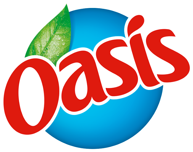 綠洲 桌布 壁紙 — 粗體紅色「Oasis」文字，搭配綠色葉片和藍色圓形背景。