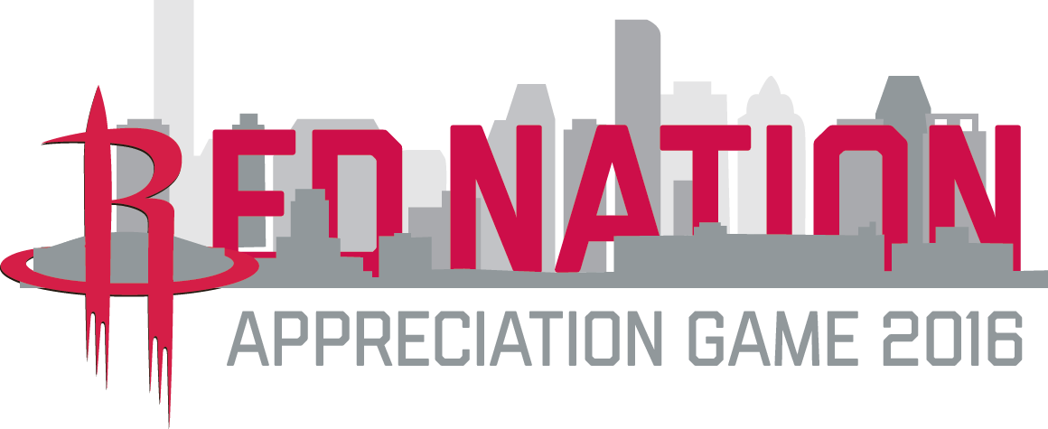 休士頓火箭隊 桌布 壁紙 — 粗體紅色 'RED NATION' 文字滴落在灰色城市天際線上，下方有 'APPRECIATION GAME 2016'。