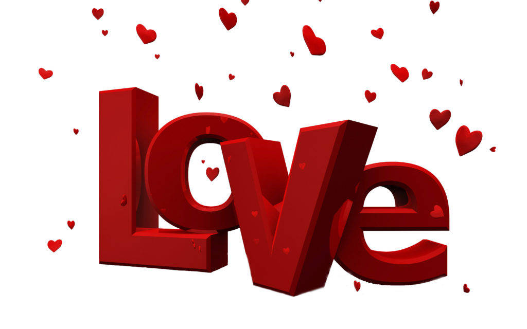 Much 桌布 壁紙 — 粗體紅色3D字母拼出love，周圍漂浮著心形，背景為白色。