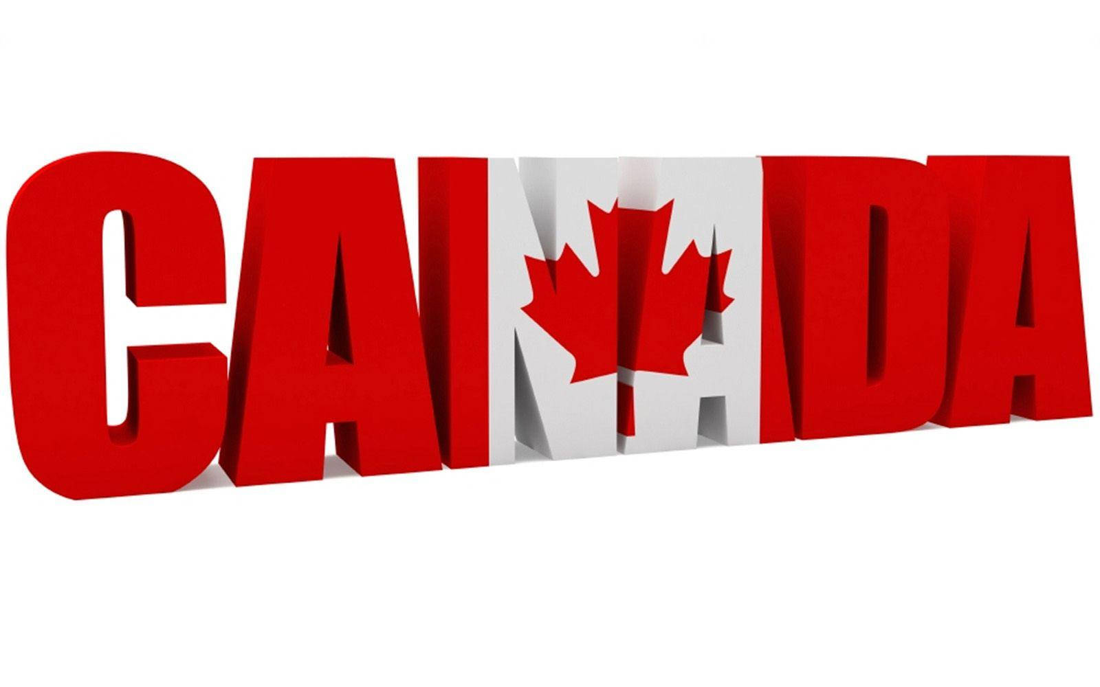 Canada Flag 桌布 壁紙 — 粗體紅色3D字母拼寫CANADA，其中'A'被楓葉取代，背景為白色。