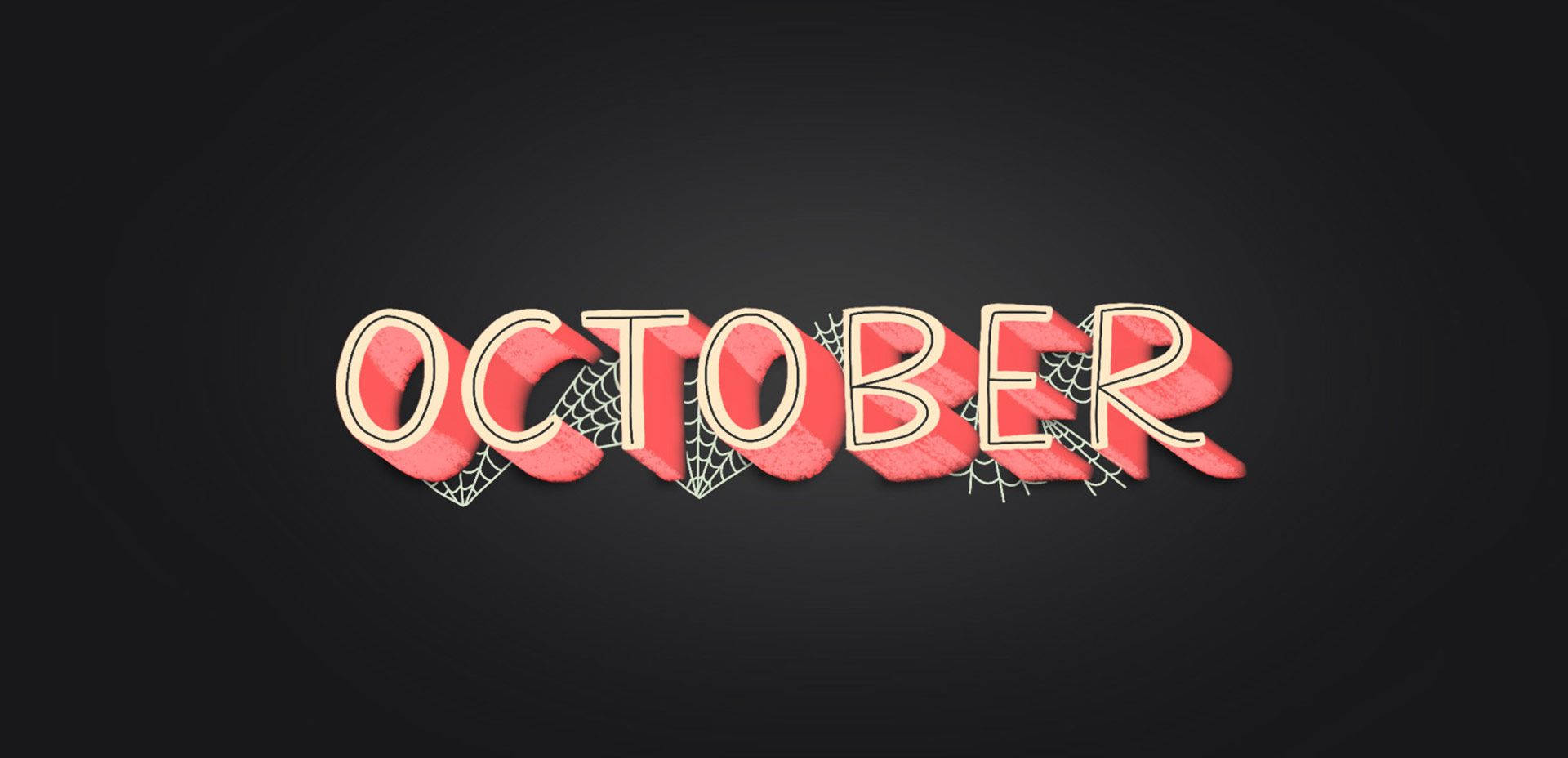 October 桌布 壁紙 — 粗體紅色3D字母拼寫的October，蜘蛛網垂掛在深色漸變背景上。