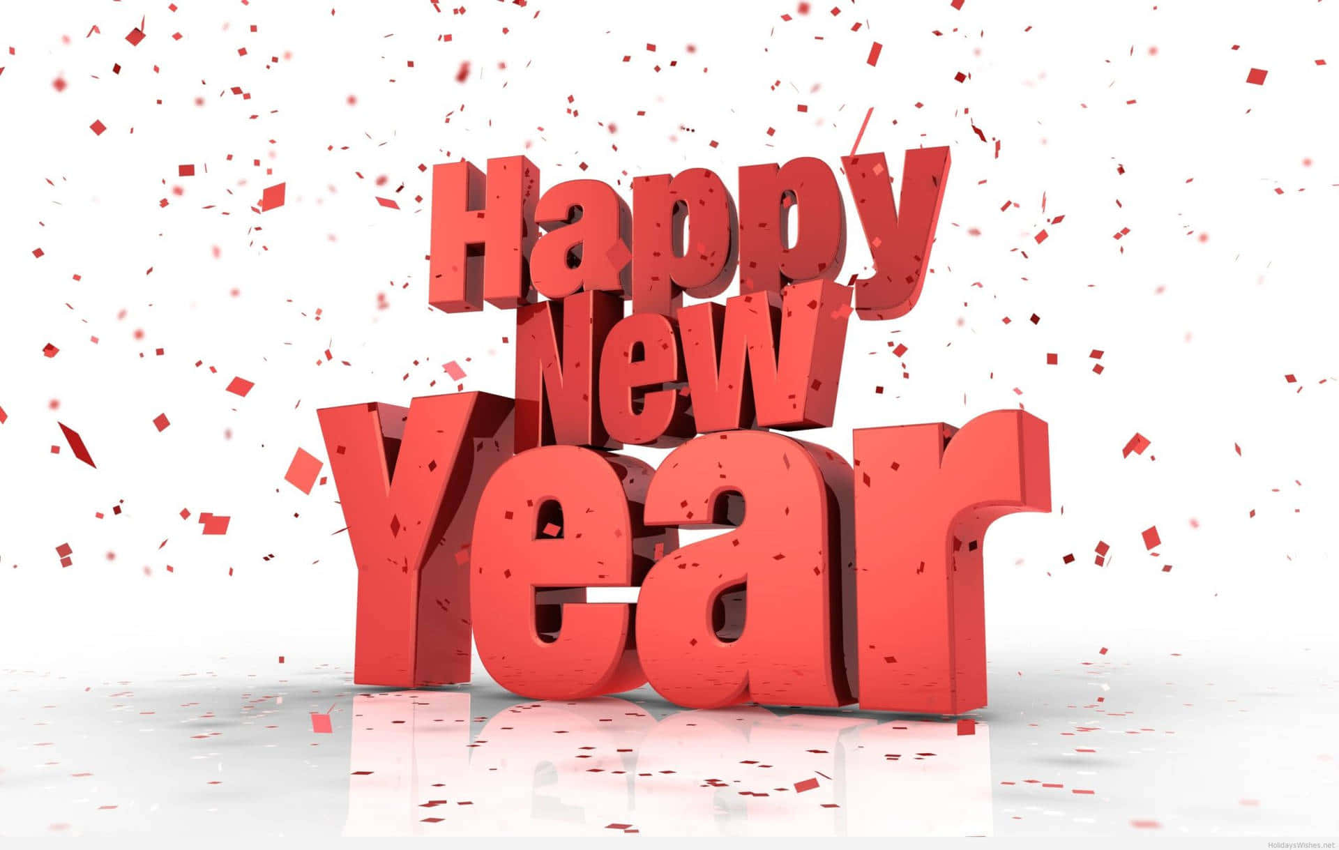 新年 桌布 壁紙 — 粗體紅色3D文字「Happy New Year」，周圍有飄落的五彩紙屑，位於反光的白色表面上。