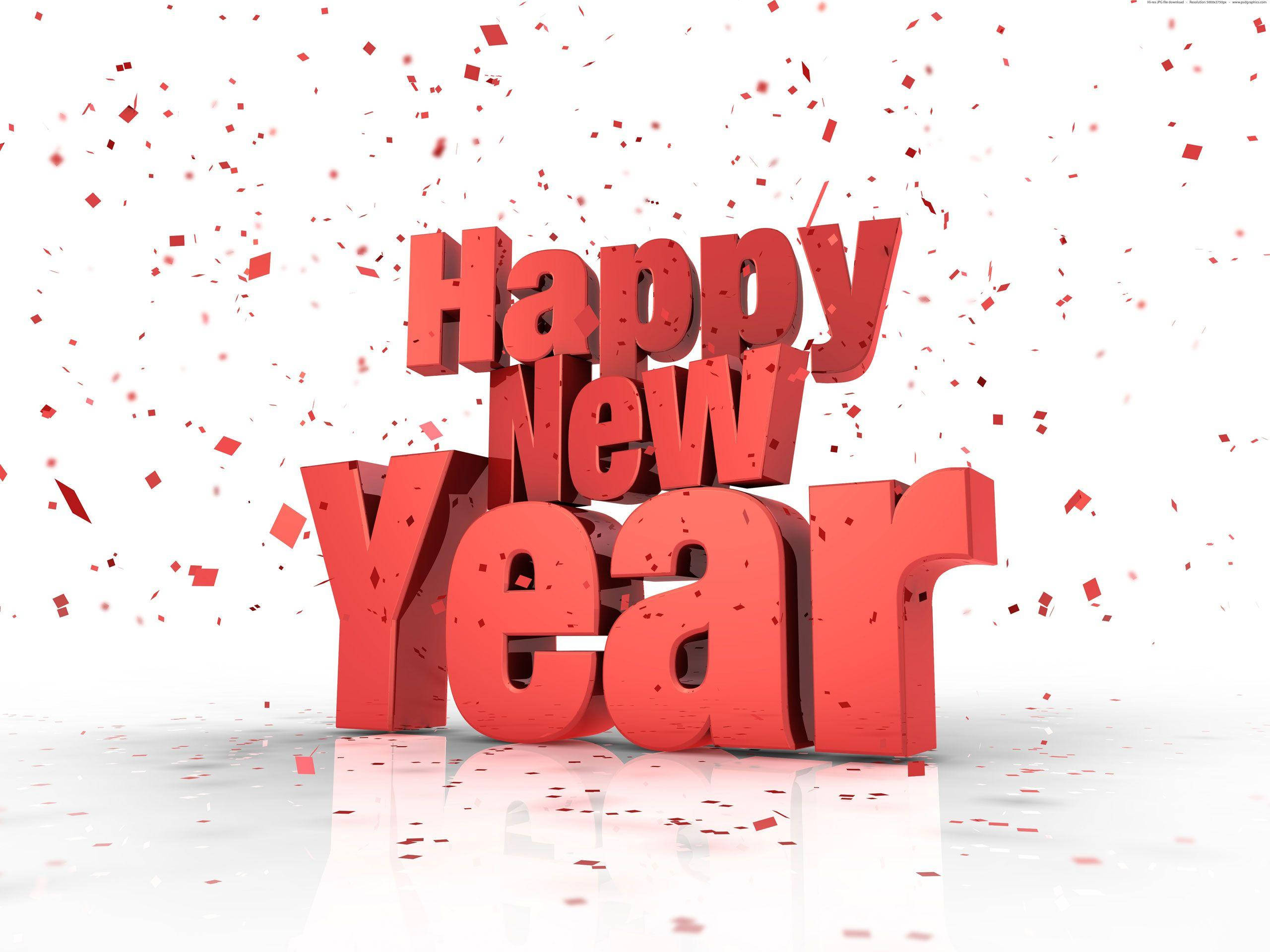 3D 桌布 壁紙 — 粗體紅色3D文字「Happy New Year」，周圍散落著五彩紙屑，落在反光的白色表面上。