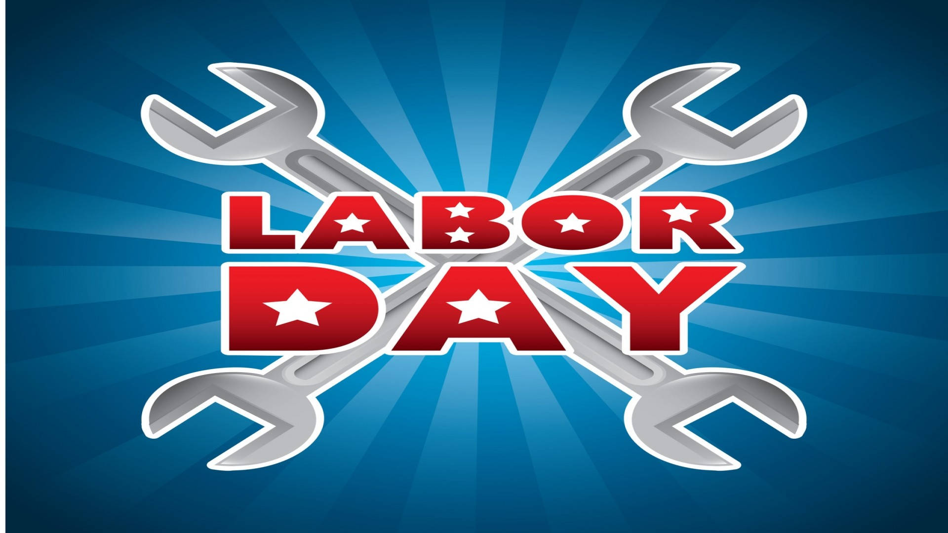 Labor 桌布 壁紙 — 粗體紅色勞動節文字，白色星星被銀色扳手交叉，背景為藍色放射狀爆發。