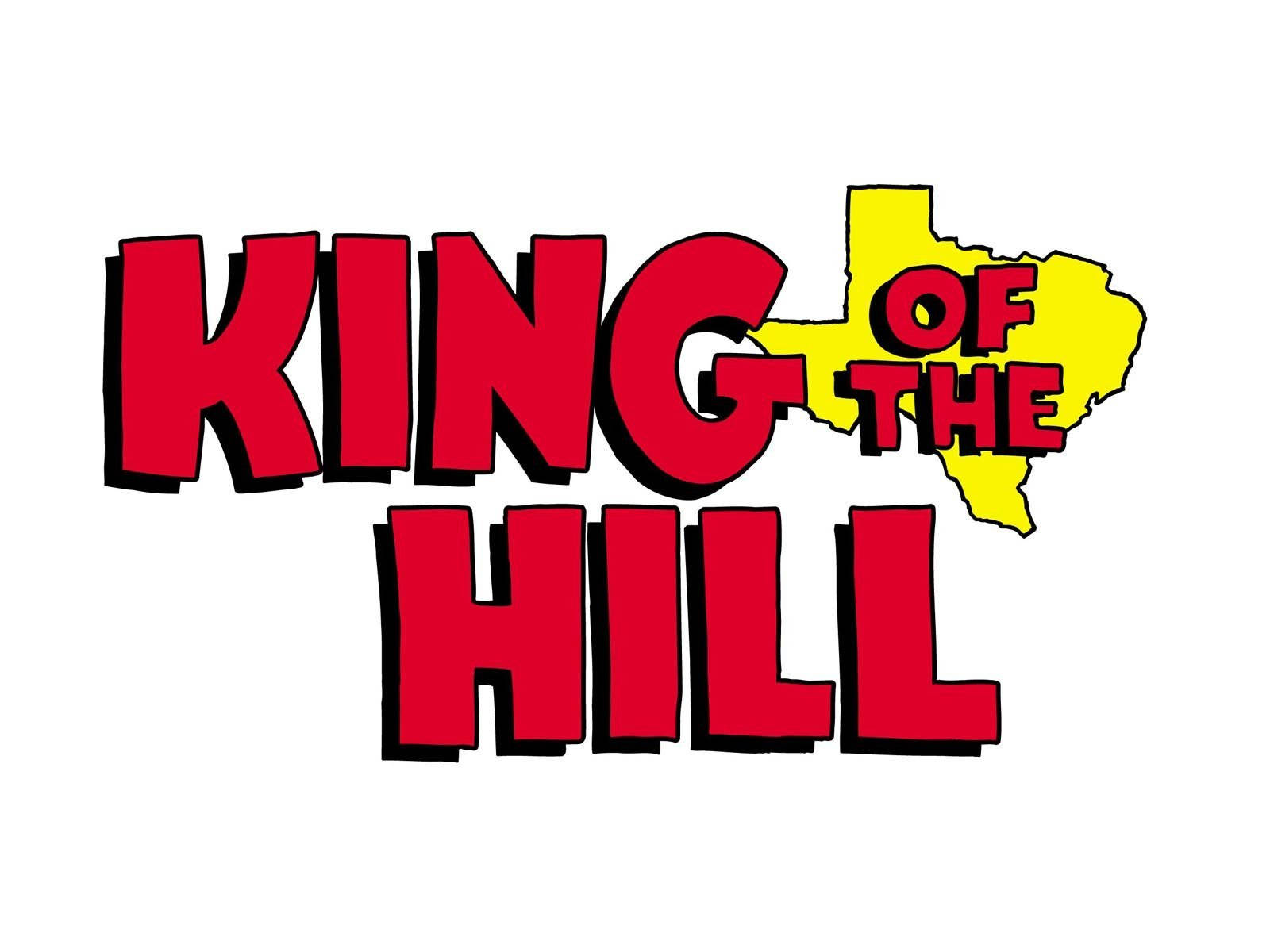 山丘之王 桌布 壁紙 — 粗體紅色卡通文字寫著「KING OF THE HILL」，並以黃色德克薩斯州地圖剪影取代「OF」中的「O」。