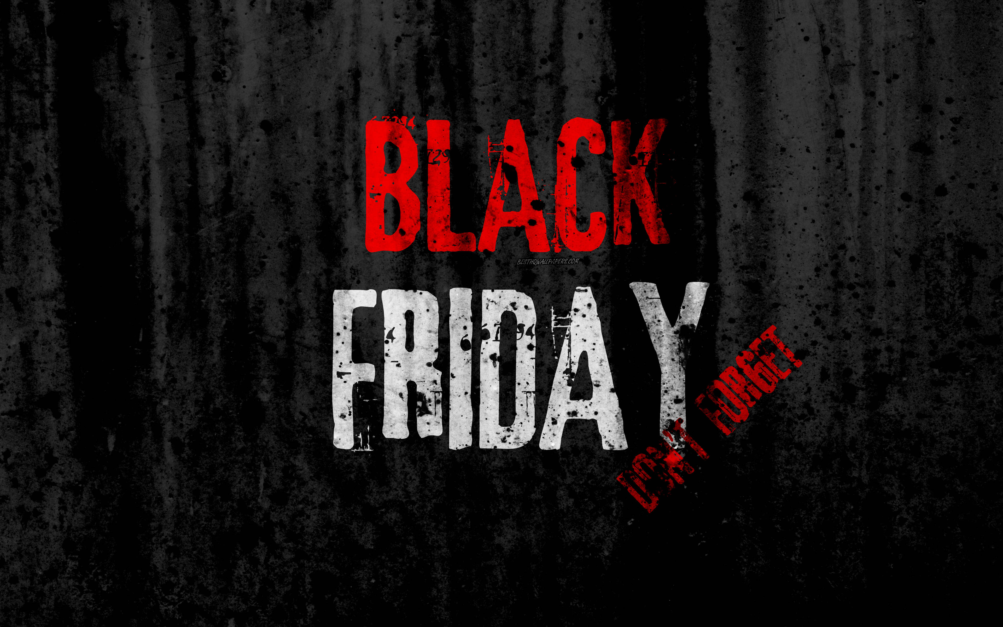 Friday 桌布 壁紙 — 粗體紅色和白色的「BLACK FRIDAY」文字，以及斜角蓋印的「DON'T FORGET」，置於粗糙的黑色紋理背景上。
