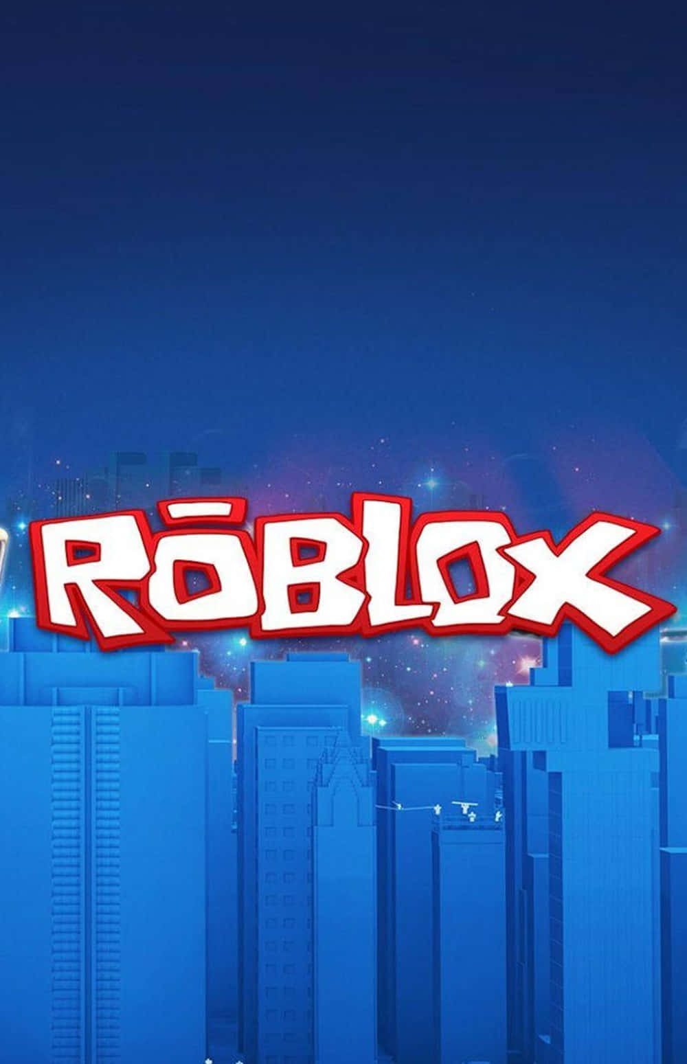 game 桌布 壁紙 — 粗體紅色和白色的Roblox標誌漂浮在深藍色夜空下的風格化藍色城市景觀之上。