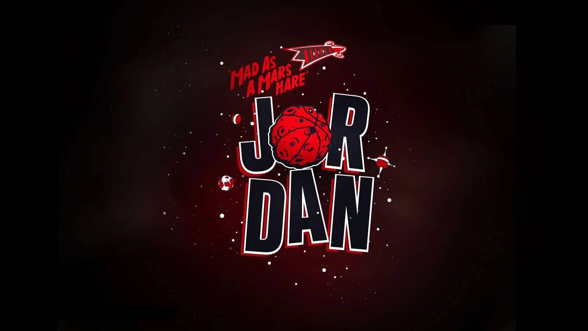 粗體紅色和黑色 'JORDAN' 文字，以籃球取代 O，宇宙背景。 — Michael B Jordan 壁紙