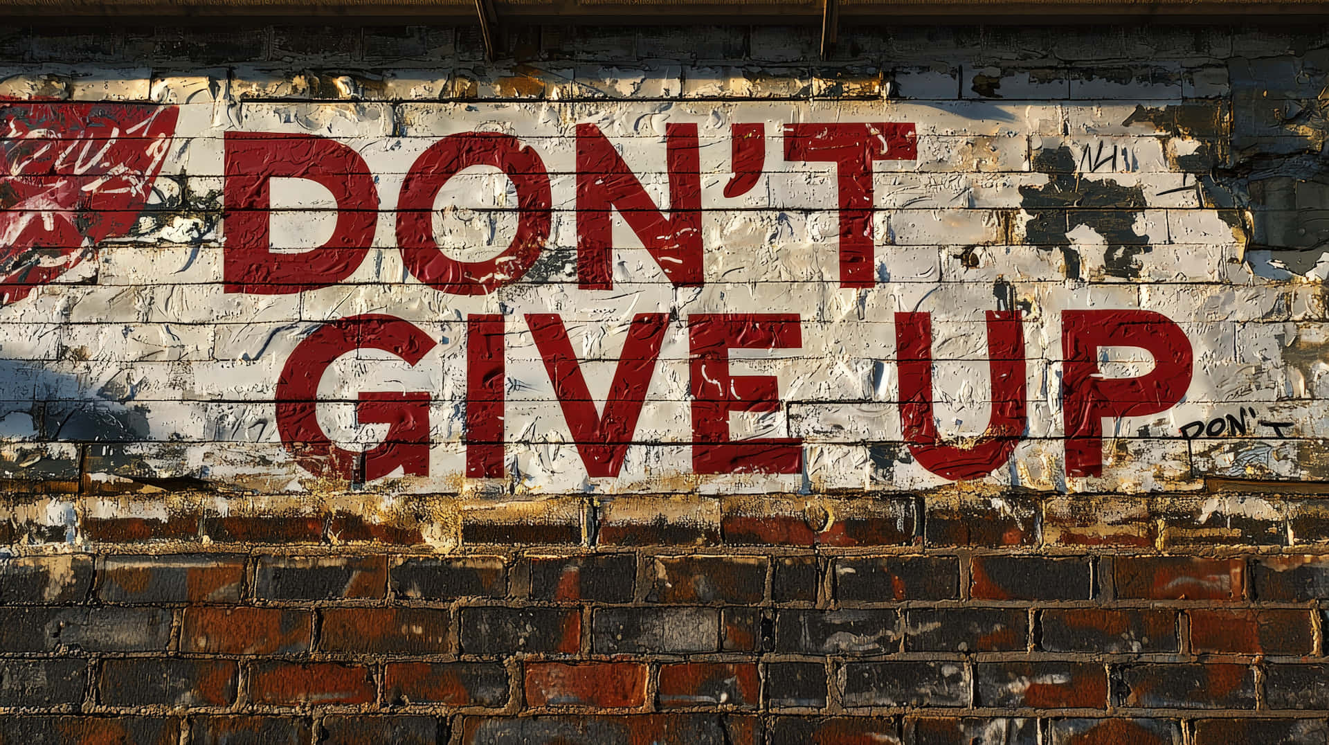 A motivational "DON'T GIVE UP" message painted in bold red letters on a worn brick wall 壁紙 — 粗體紅色塗鴉字母在風化的磚牆上拼出 don't give up，牆上白色油漆剝落。
