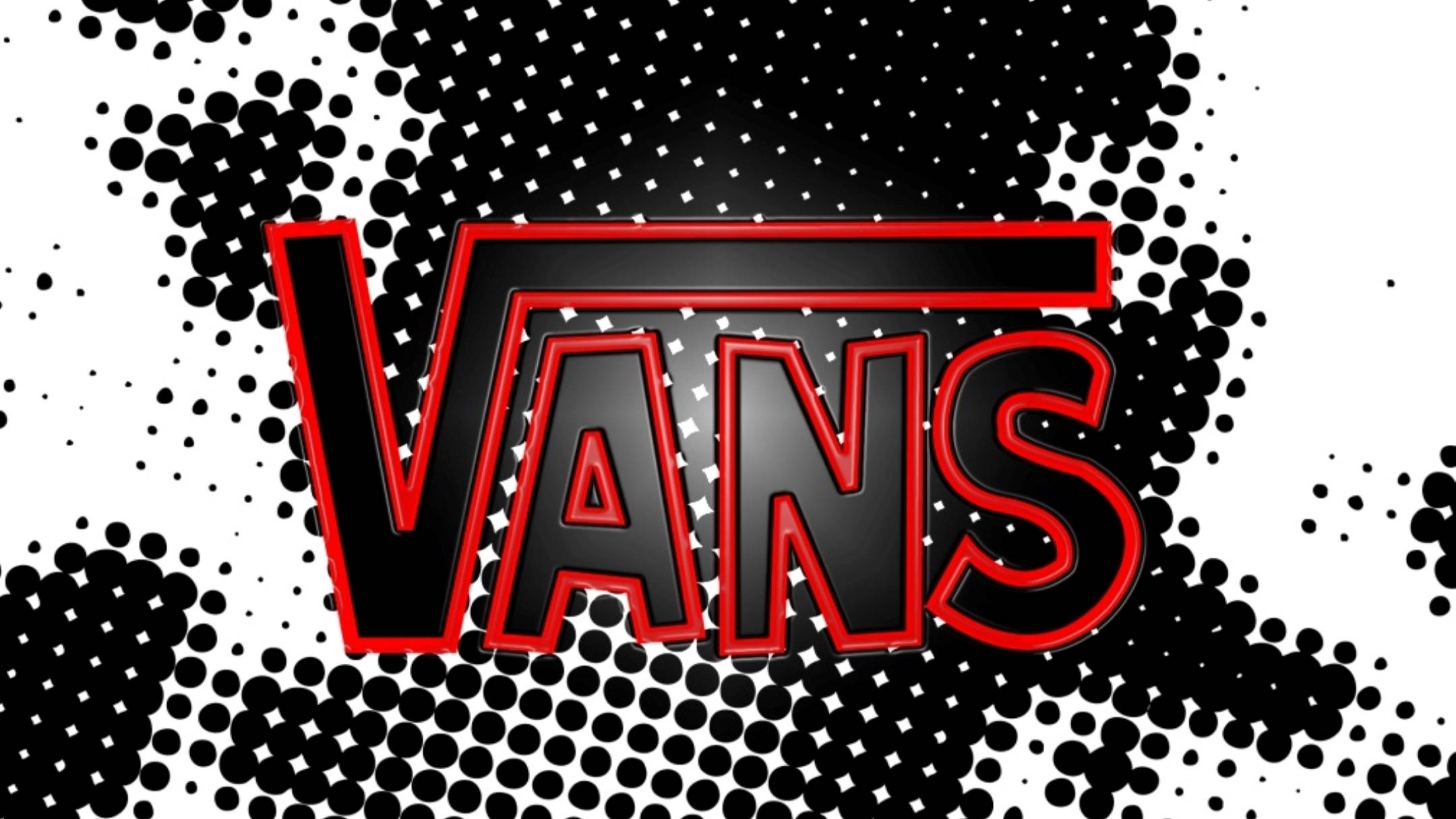 Vans Logo 桌布 壁紙 — 粗體紅色外框VANS標誌置中於黑白半色調背景上，帶有放射狀圓點圖案。