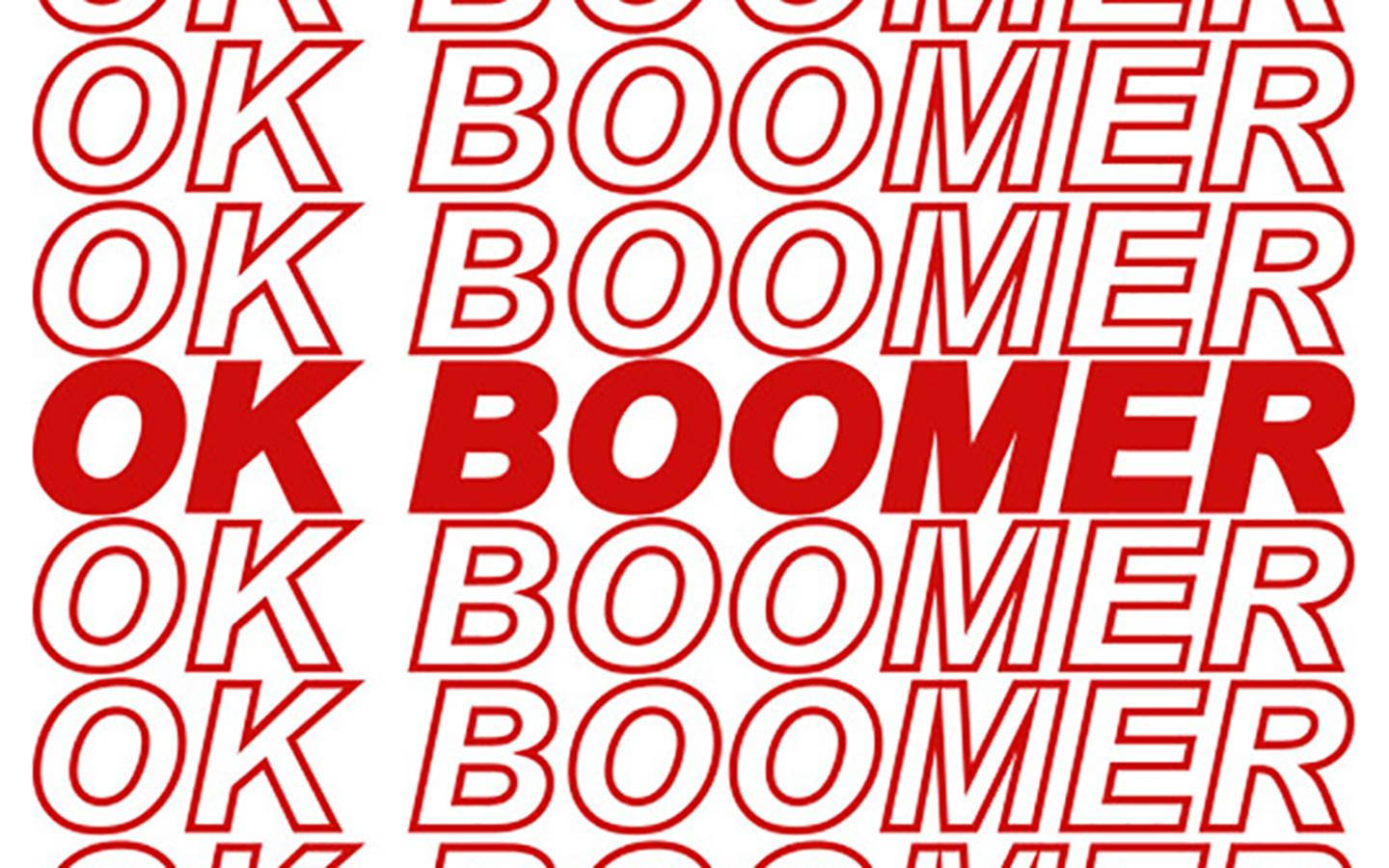 Typography 桌布 壁紙 — 粗體紅色外框的「OK BOOMER」文字在純白背景上以網格圖案重複。