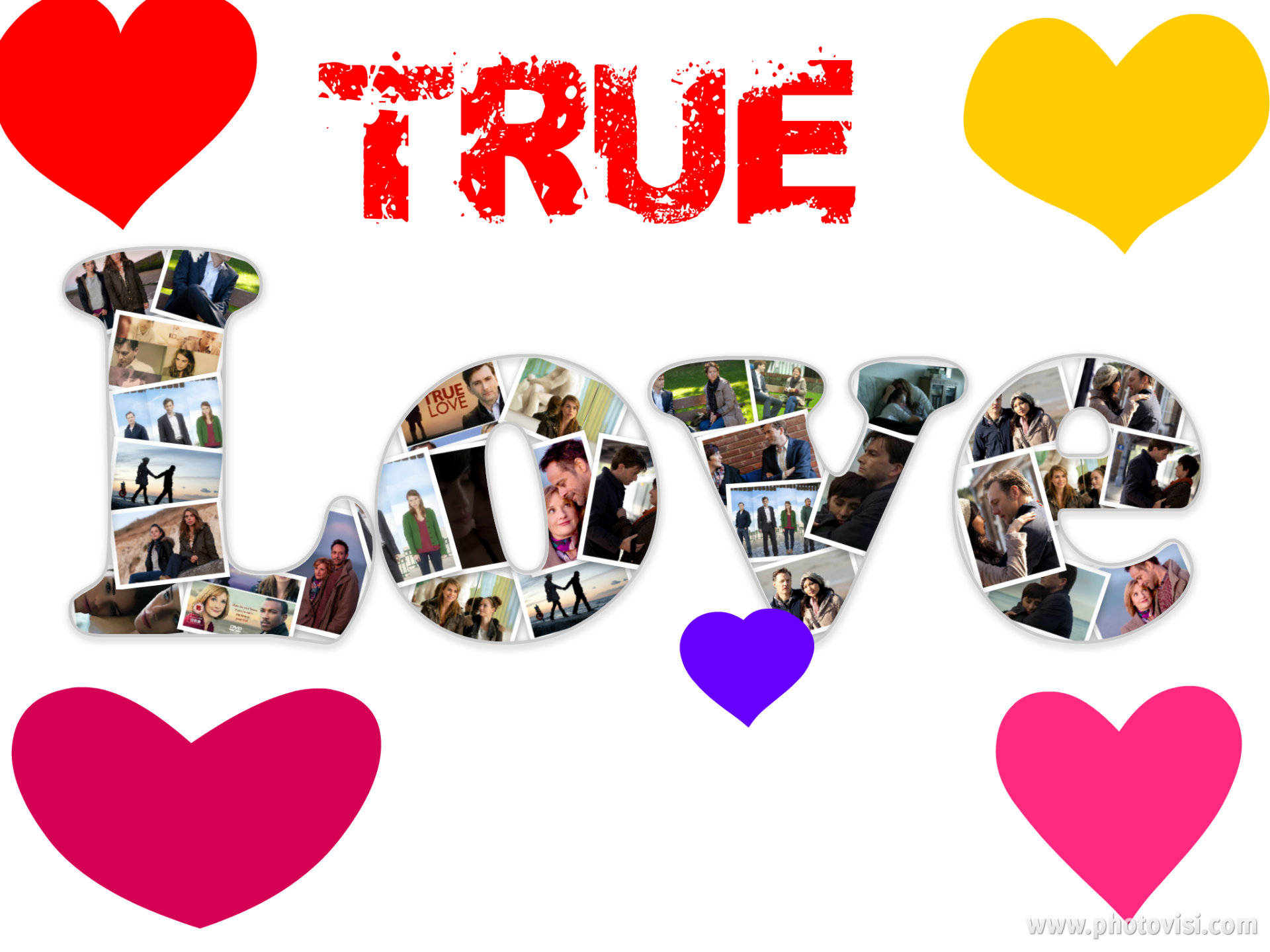 愛心 桌布 壁紙 — 粗體紅色字母 'TRUE LOVE' 被色彩繽紛的心形和情侶照片拼貼環繞。
