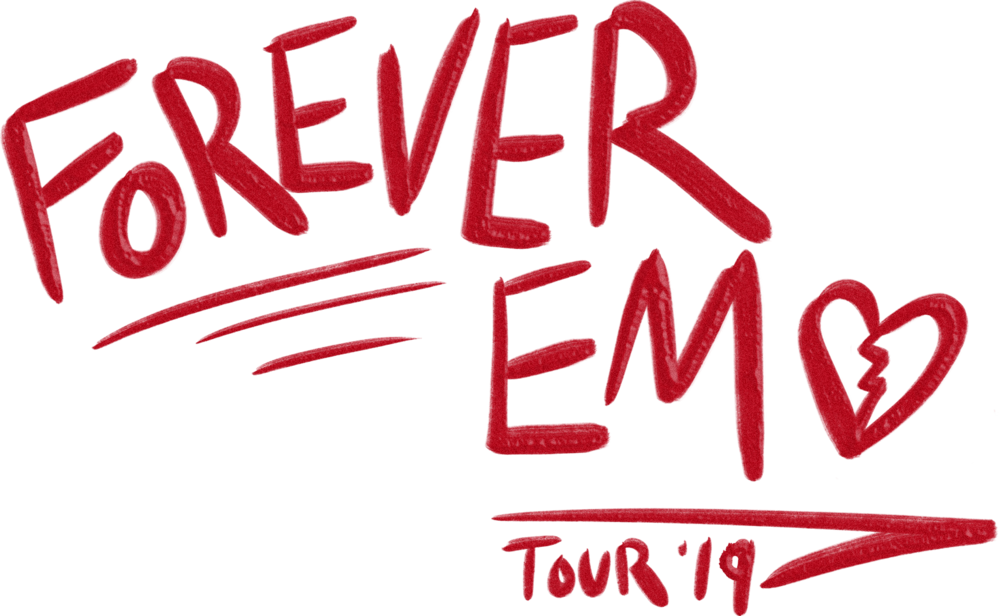 emo 桌布 壁紙 — 粗體紅色手寫文字寫著「FOREVER = EM0」，附有破碎的心和「TOUR '19」，背景為黑色。