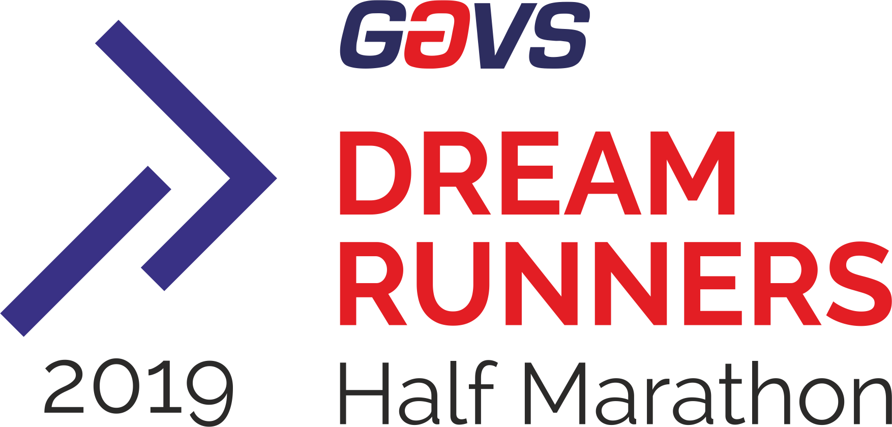 跑步者 桌布 壁紙 — 粗體紅色文字 Dream Runners 在黑色背景上，帶有藍色箭頭和 2019 半馬拉松詳情。