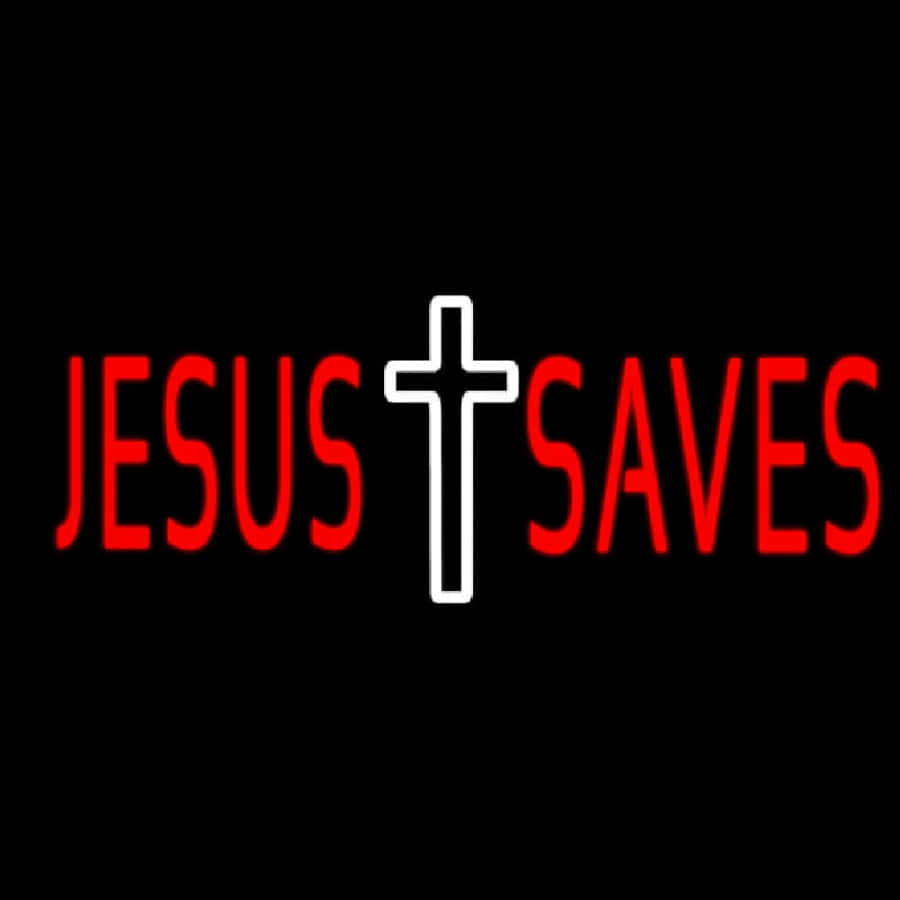 Jesus Saves 桌布 壁紙 — 粗體紅色文字「JESUS SAVES」，黑色背景中央有一個白色十字架。