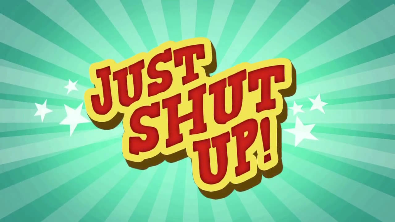 搞笑 桌布 壁紙 — 粗體紅色文字 'JUST SHUT UP!' 帶黃色輪廓，在帶有白色星星的青色太陽爆發背景上突出顯示。