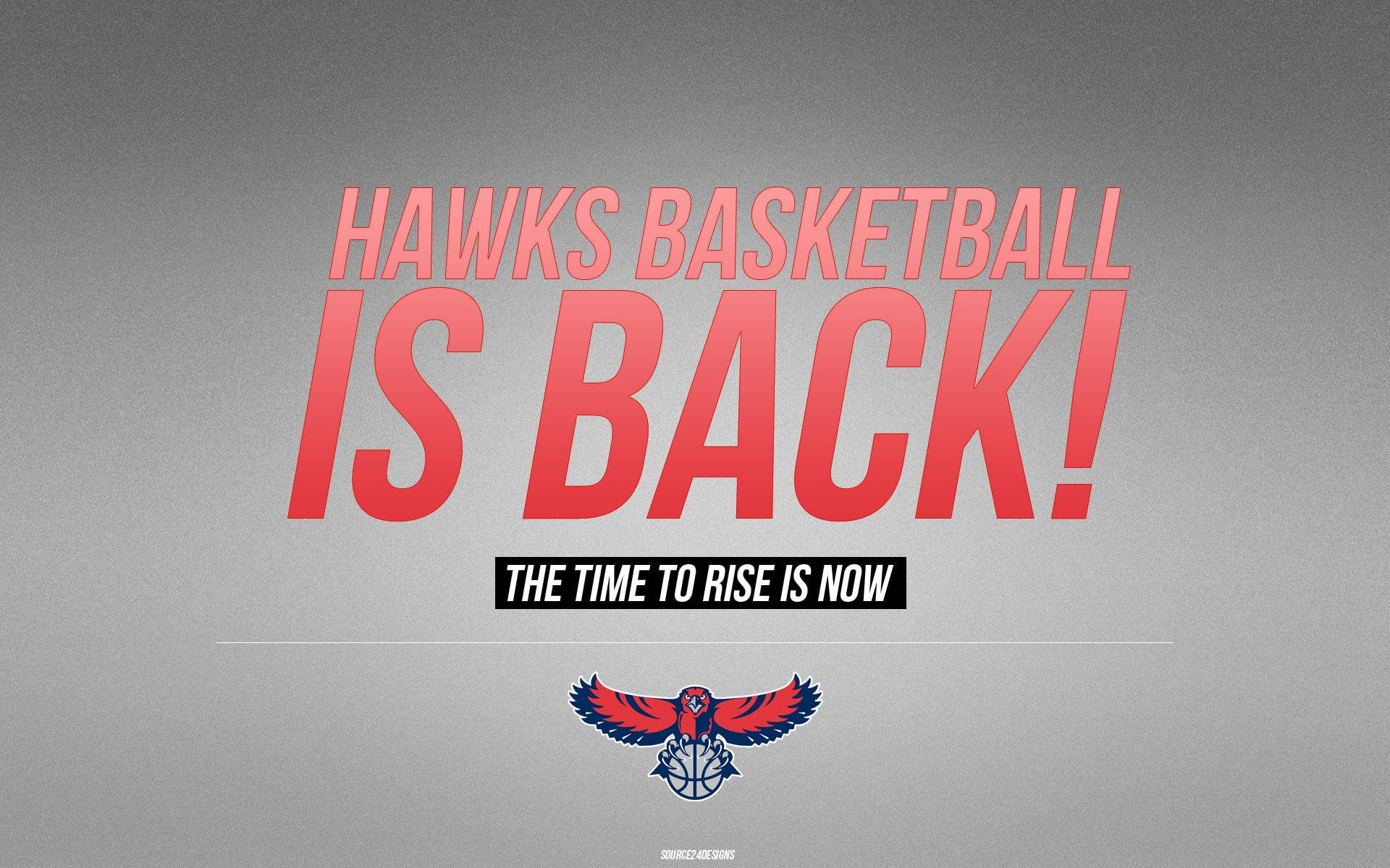 Hawks 桌布 壁紙 — 粗體紅色文字在紋理灰色背景上的球隊標誌上方宣告「HAWKS BASKETBALL IS BACK!」。