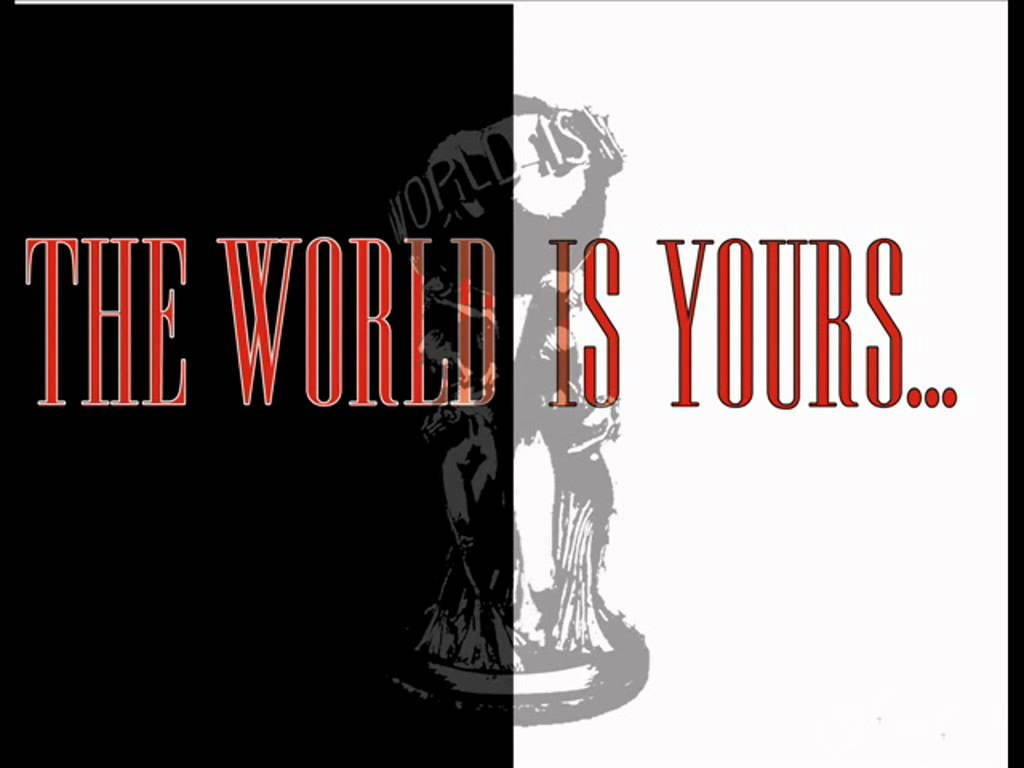 The World Is Yours 桌布 壁紙 — 粗體紅色文字宣告「世界是你的...」被灰階雕像在黑白背景上分割。