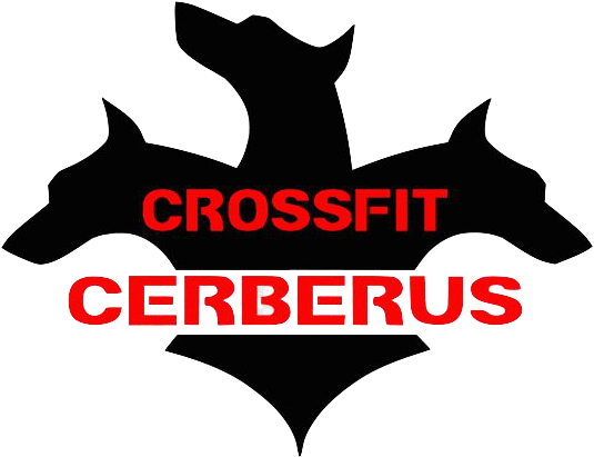 刻耳柏洛斯 桌布 壁紙 — 粗體紅色文字顯示 CrossFit Cerberus，由三個黑色狗剪影框住，背景為純黑色。